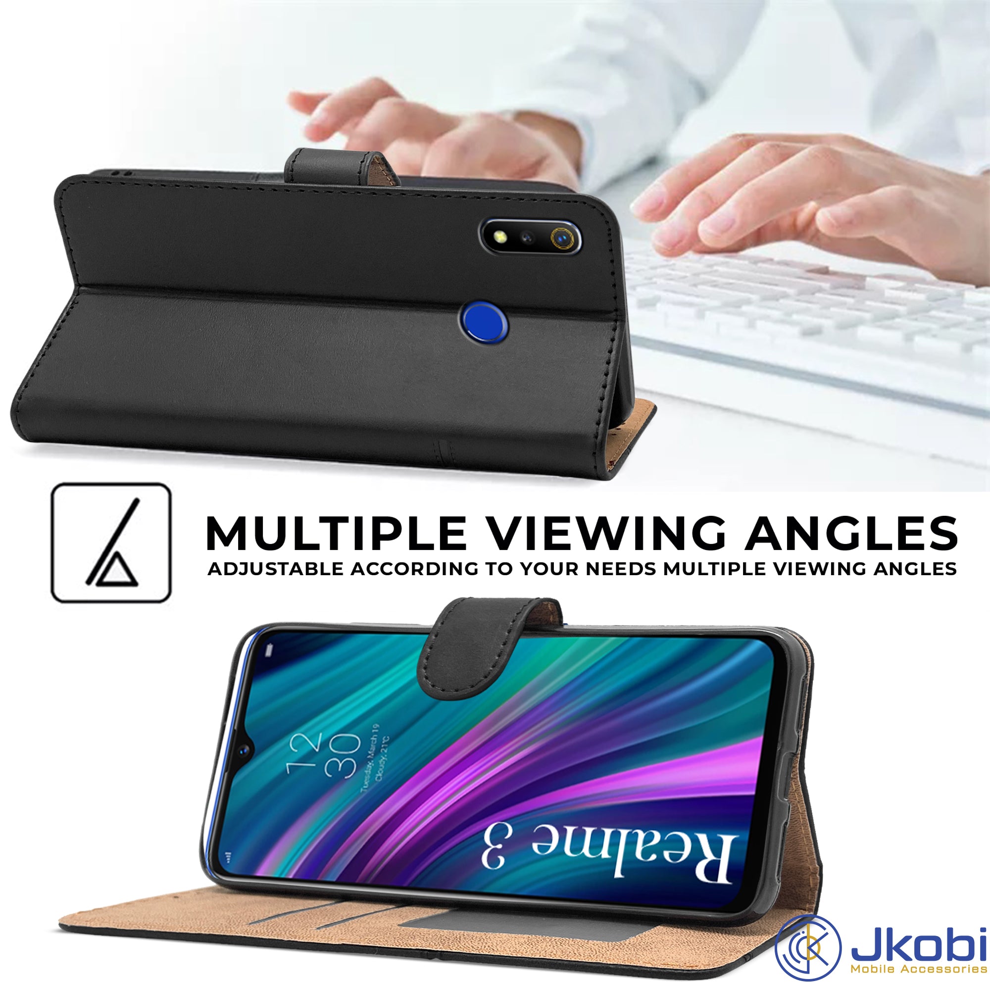For Realme 3 | Realme 3i Flip Cover Case (Stitched Leather with Magnetic Closure)