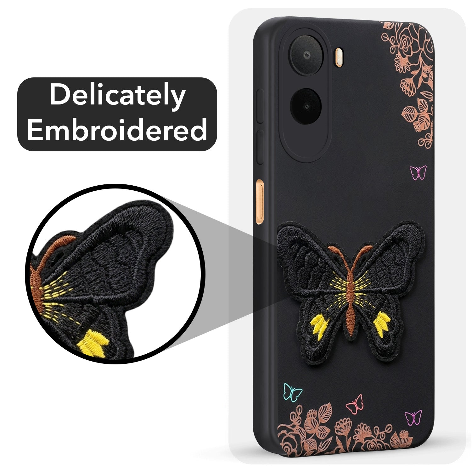 For Redmi A7 Pro Back Cover Case (Soft Butterfly Embroidery | Women Teen Girls | Camera Protection| Matte Silicone)