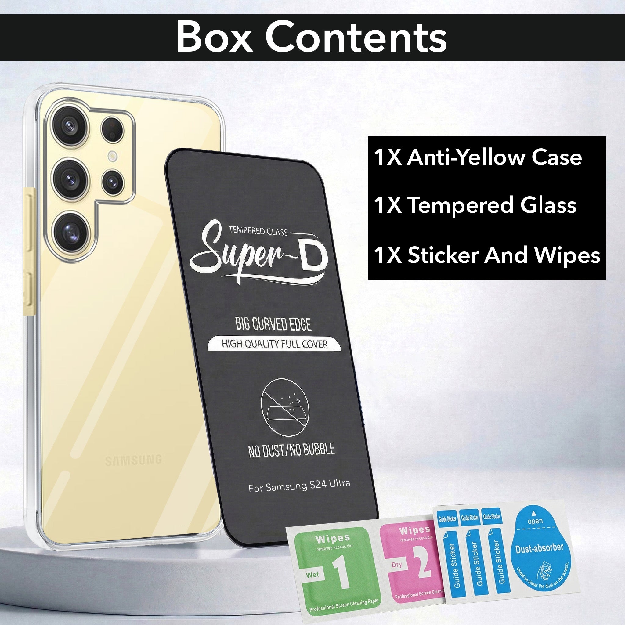For Samsung Galaxy S24 Ultra Combo with Back Cover and 9H Tempered Glass (Lifetime Anti-Yellow | Sleek Hard Crystal | Oleophobic Coating Screen Glass)