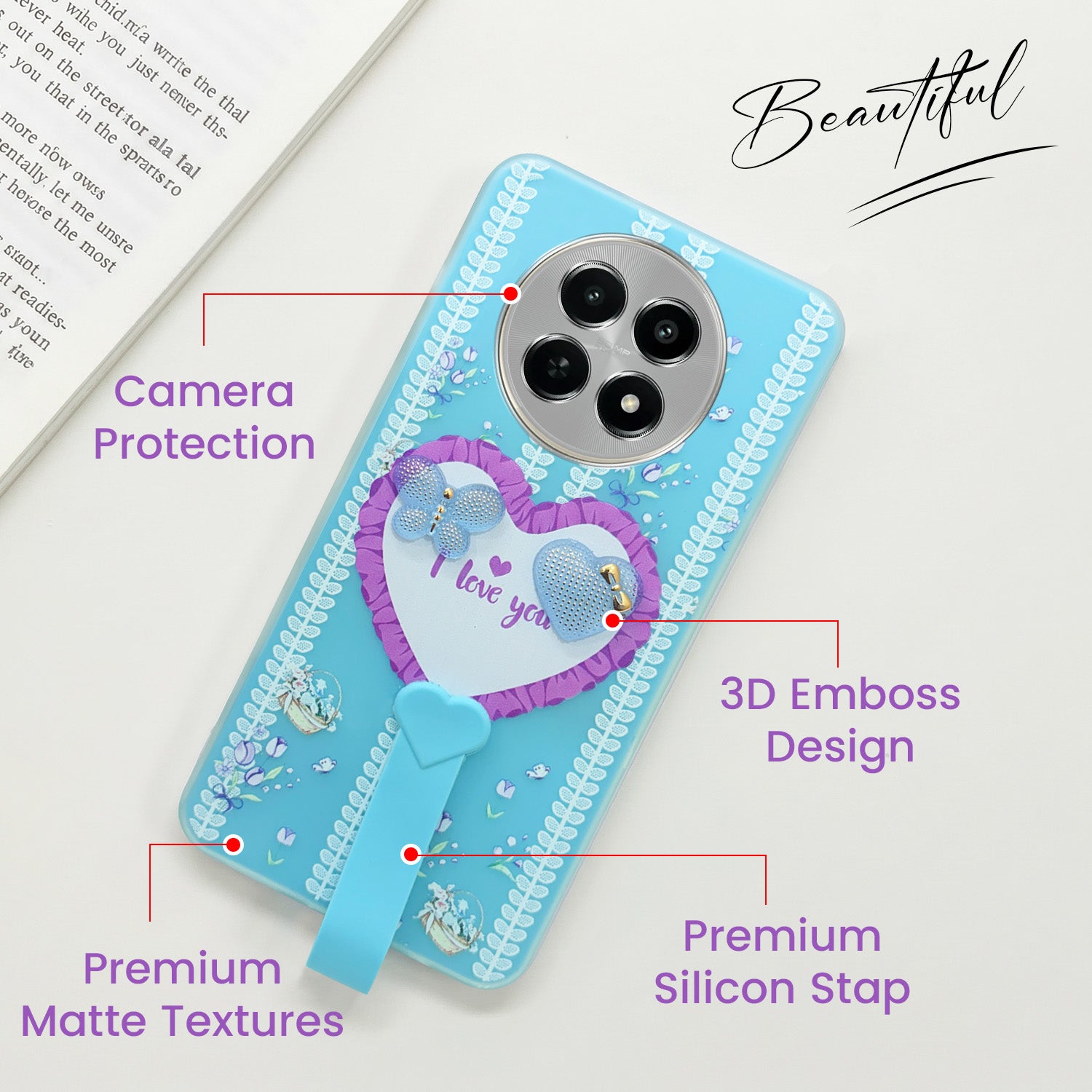 For Realme Narzo N65 5G Back Cover Case (3D Cute Heart Strap Holder | Camera Protection | Designer Girls Print)