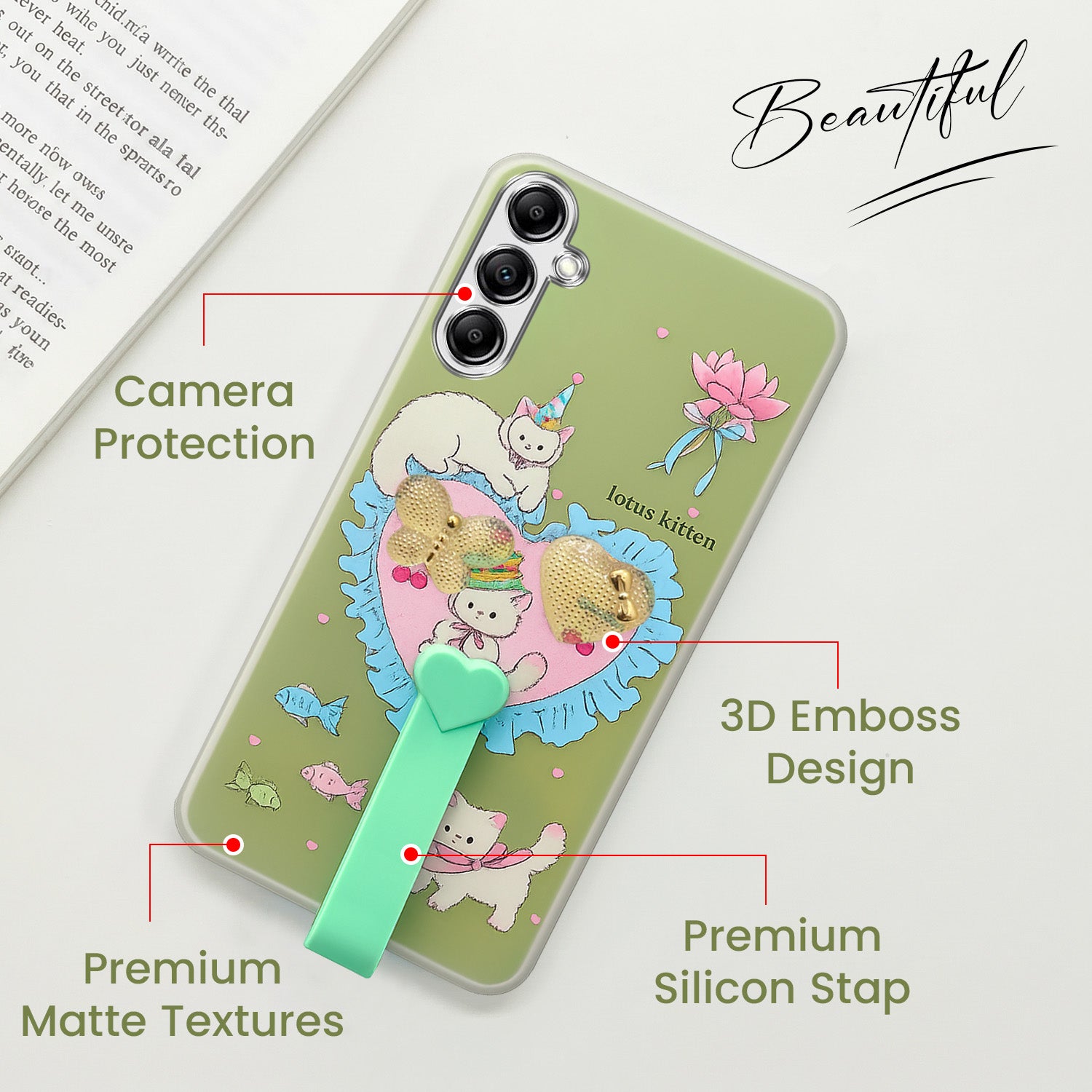 For Samsung Galaxy A14 4G | 5G Back Cover Case (3D Cute Heart Strap Holder | Camera Protection | Designer Girls Print)