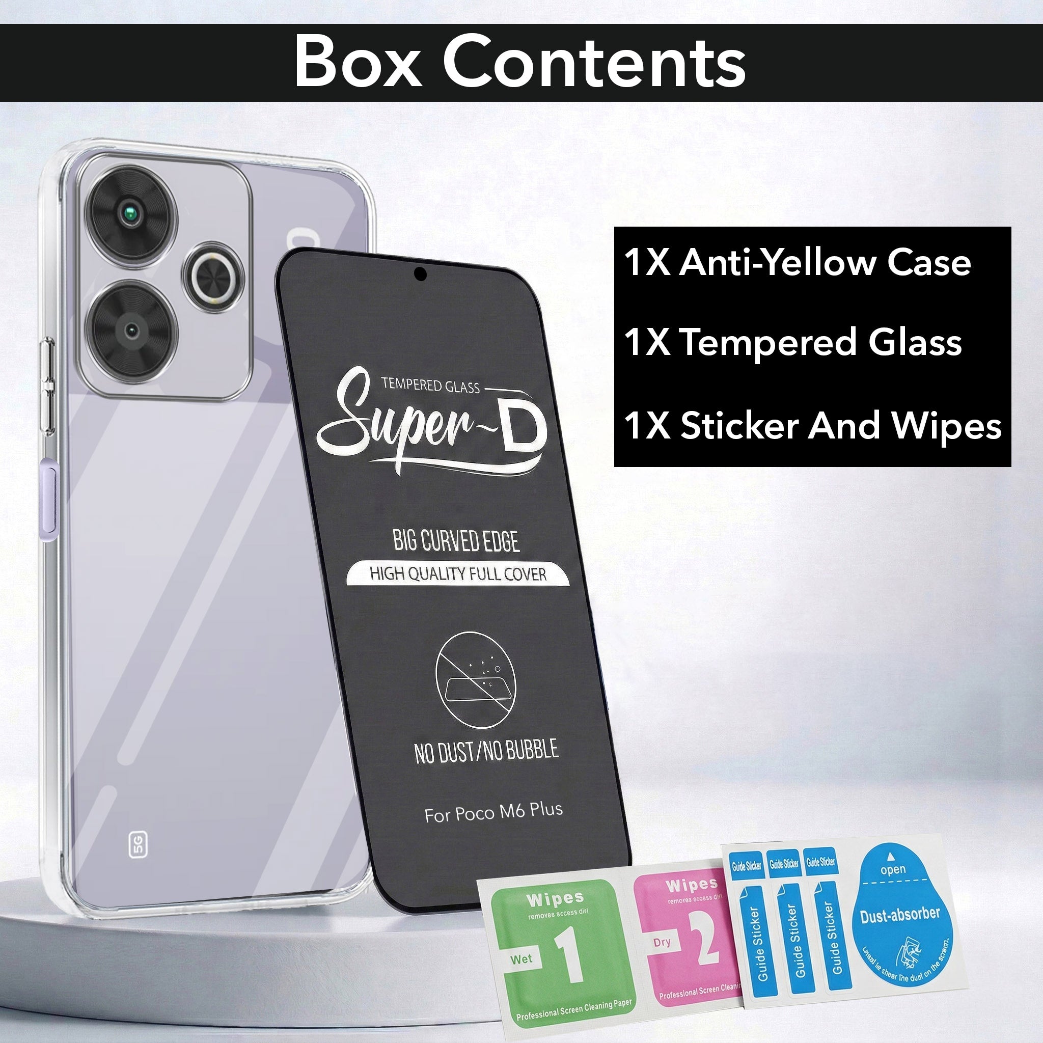 For Poco M6 Plus 5G Combo with Back Cover and 9H Tempered Glass (Lifetime Anti-Yellow | Sleek Hard Crystal | Oleophobic Coating Screen Glass)