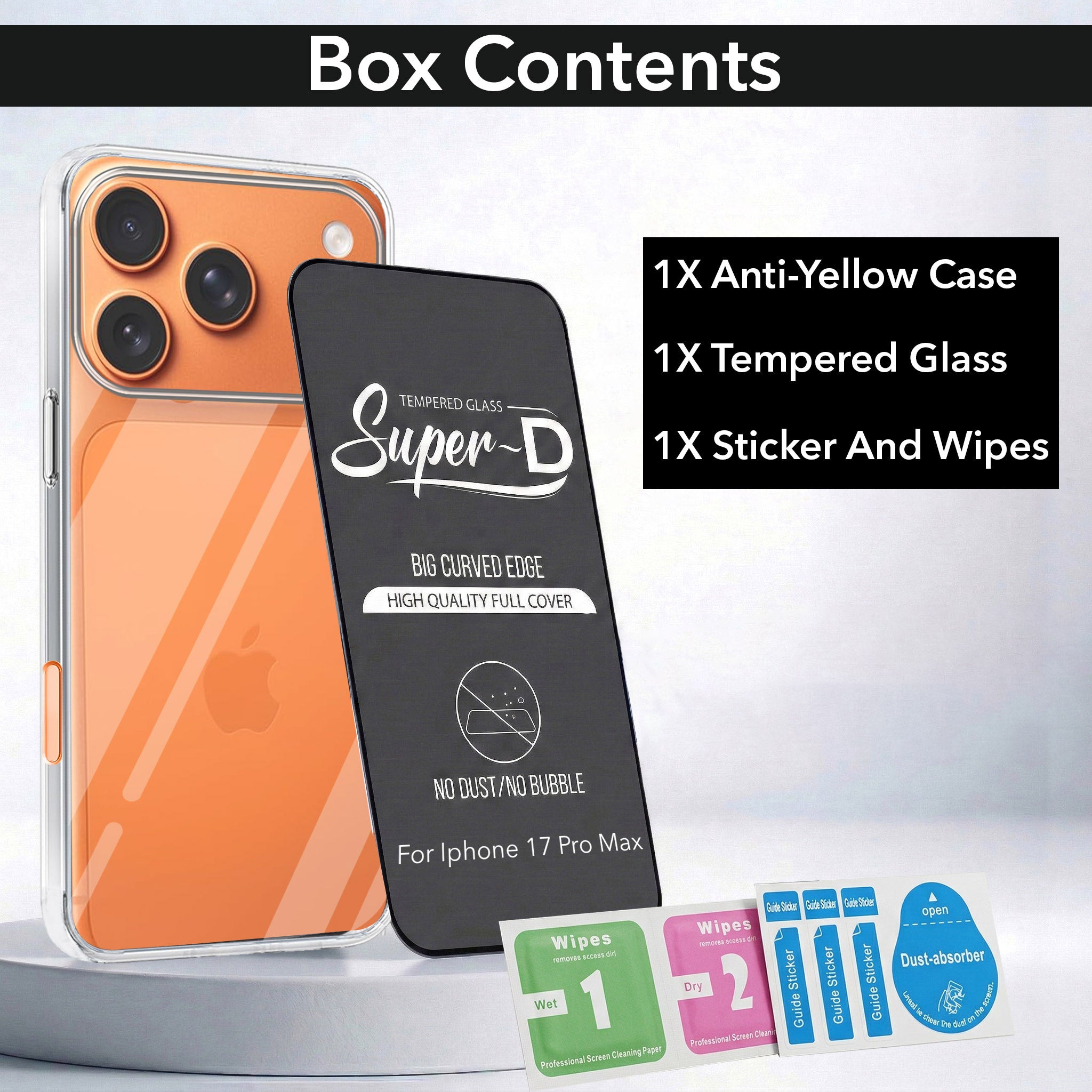 For Apple iPhone 17 Pro Max Combo with Back Cover and 9H Tempered Glass (Lifetime Anti-Yellow | Sleek Hard Crystal | Oleophobic Coating Screen Glass)