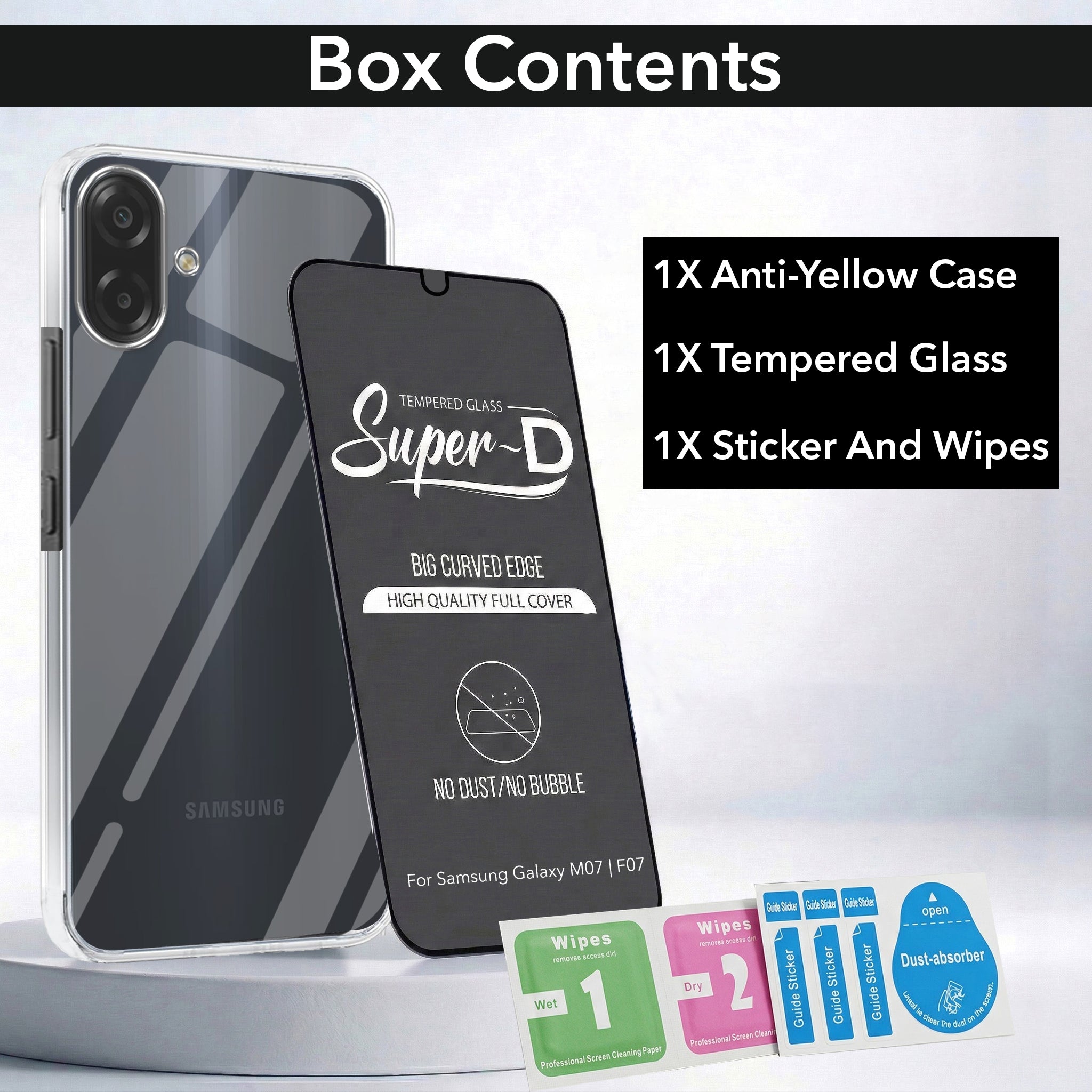 For Samsung Galaxy M07 | Samsung Galaxy F07 Combo with Back Cover and 9H Tempered Glass (Lifetime Anti-Yellow | Sleek Hard Crystal | Oleophobic Coating Screen Glass)