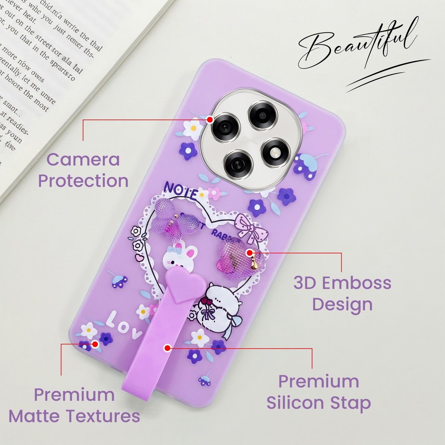 For Oppo F31 Pro Back Cover Case (3D Cute Heart Strap Holder | Camera Protection | Designer Girls Print)