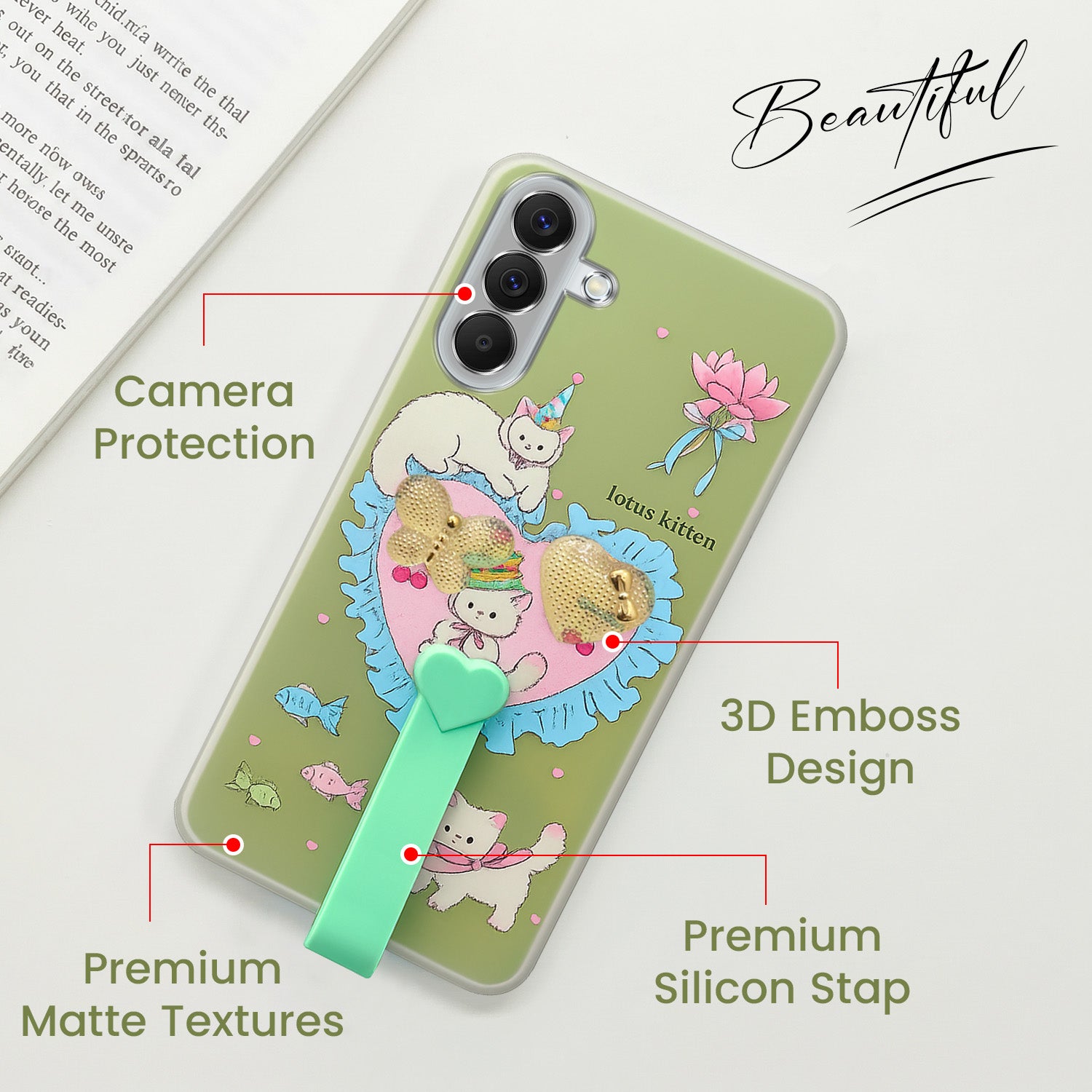 For Samsung Galaxy A57 Back Cover Case (3D Cute Heart Strap Holder | Camera Protection | Designer Girls Print)