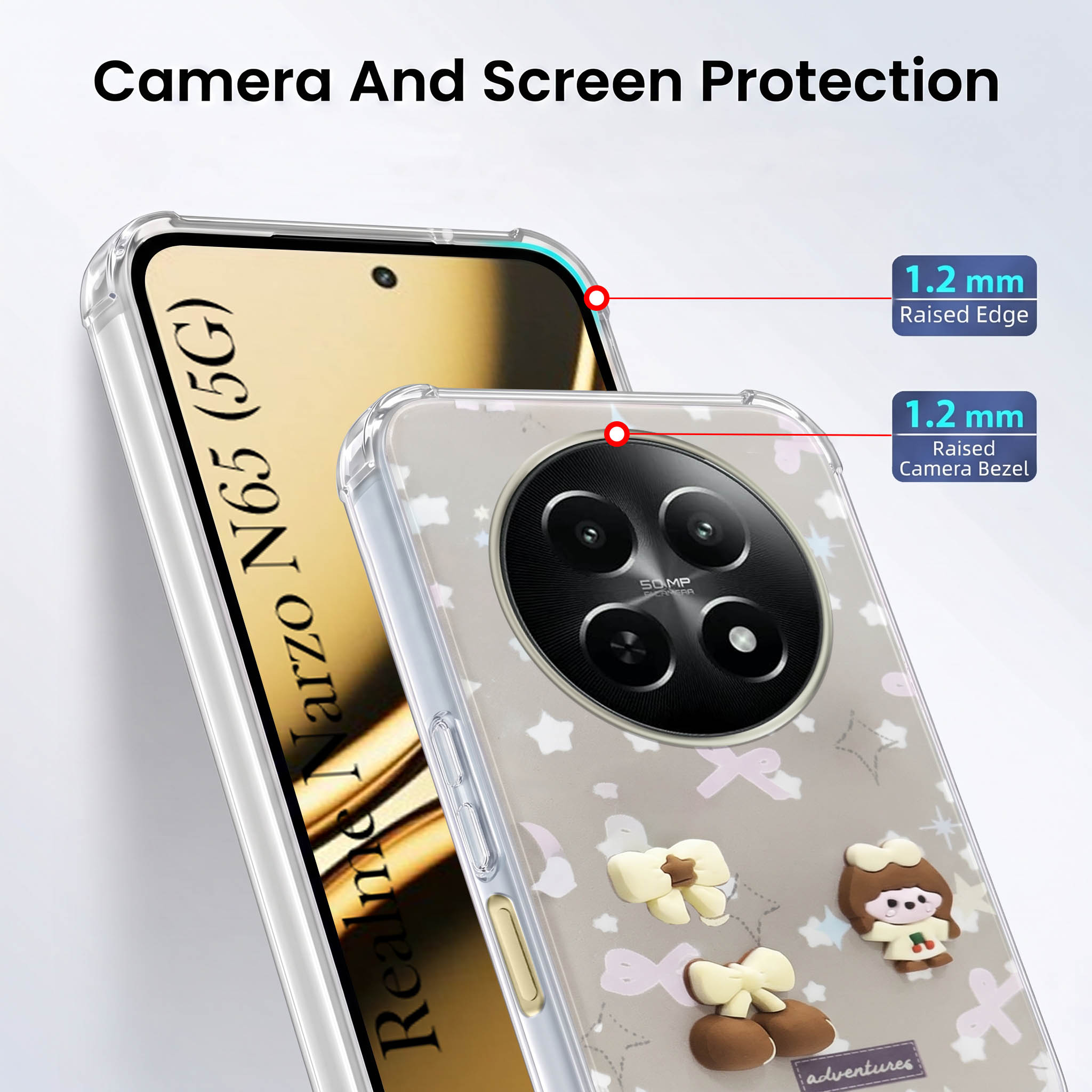 For Realme Narzo N65 5G Back Cover Case (3D Cute Cartoons | Hard Back Side Soft | Matte Premium Finish | HD Printing)