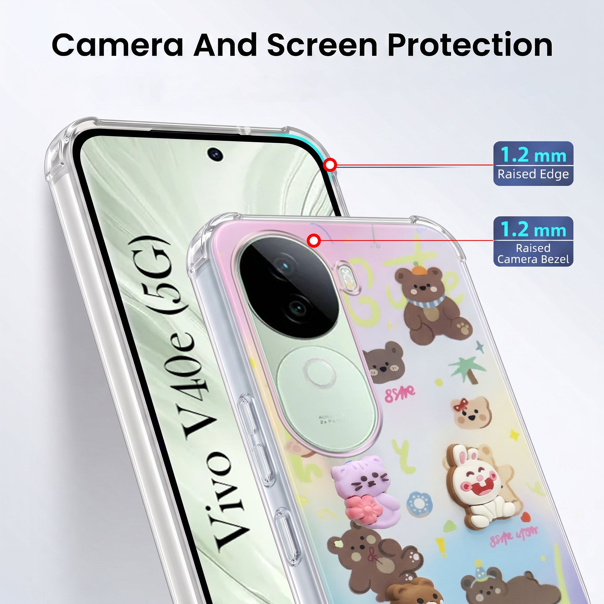 For Vivo V40e Back Cover Case (3D Cute Cartoons | Hard Back Side Soft | Matte Premium Finish | HD Printing)