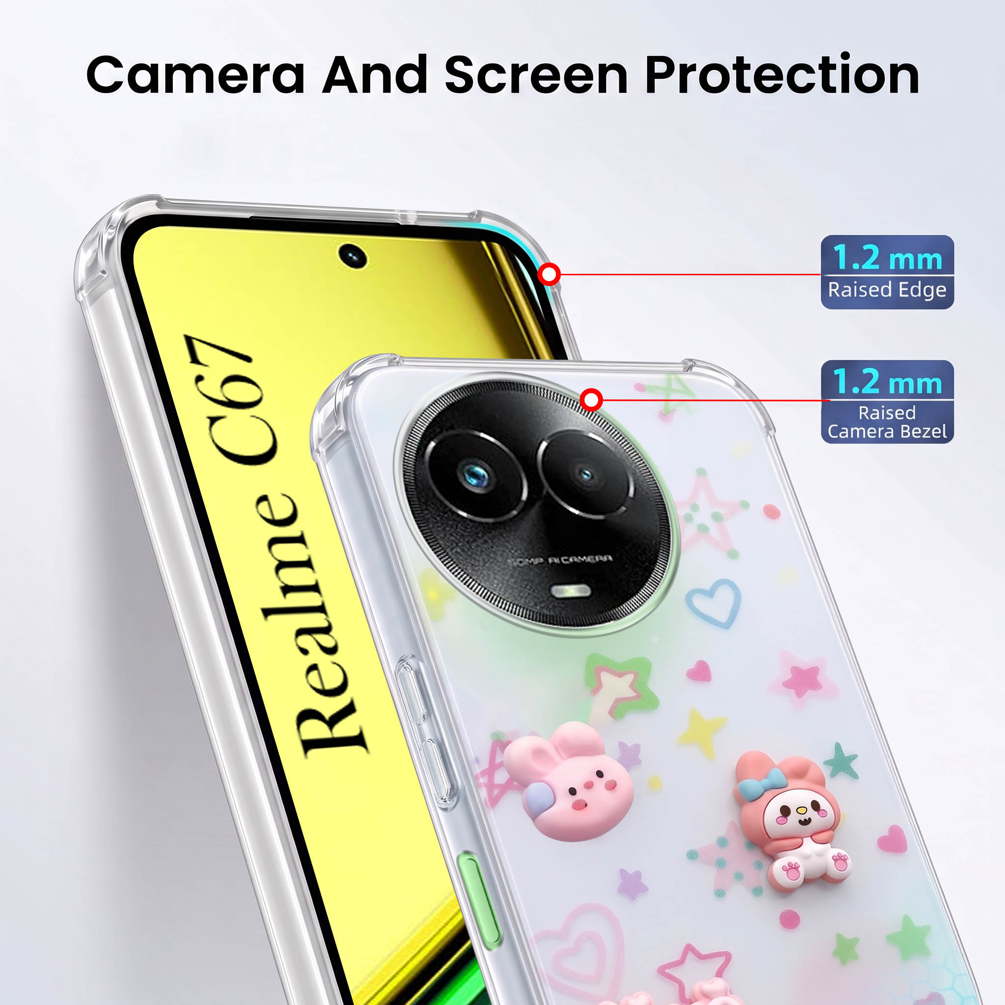 For Realme C67 Back Cover Case (3D Cute Cartoons | Hard Back Side Soft | Matte Premium Finish | HD Printing)