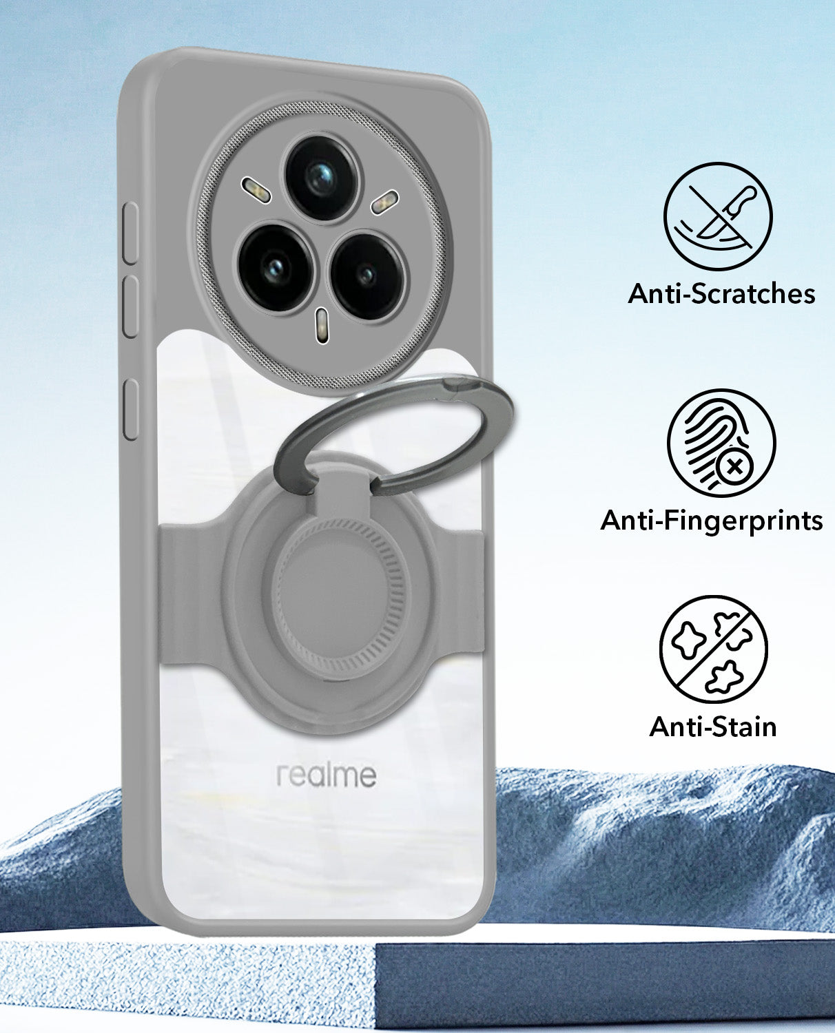 For Realme 14 Pro Plus 5G Back Cover Case with stand (Built-in Ring Holder Kickstand | Lifetime Anti Yellow | Camera Protection)