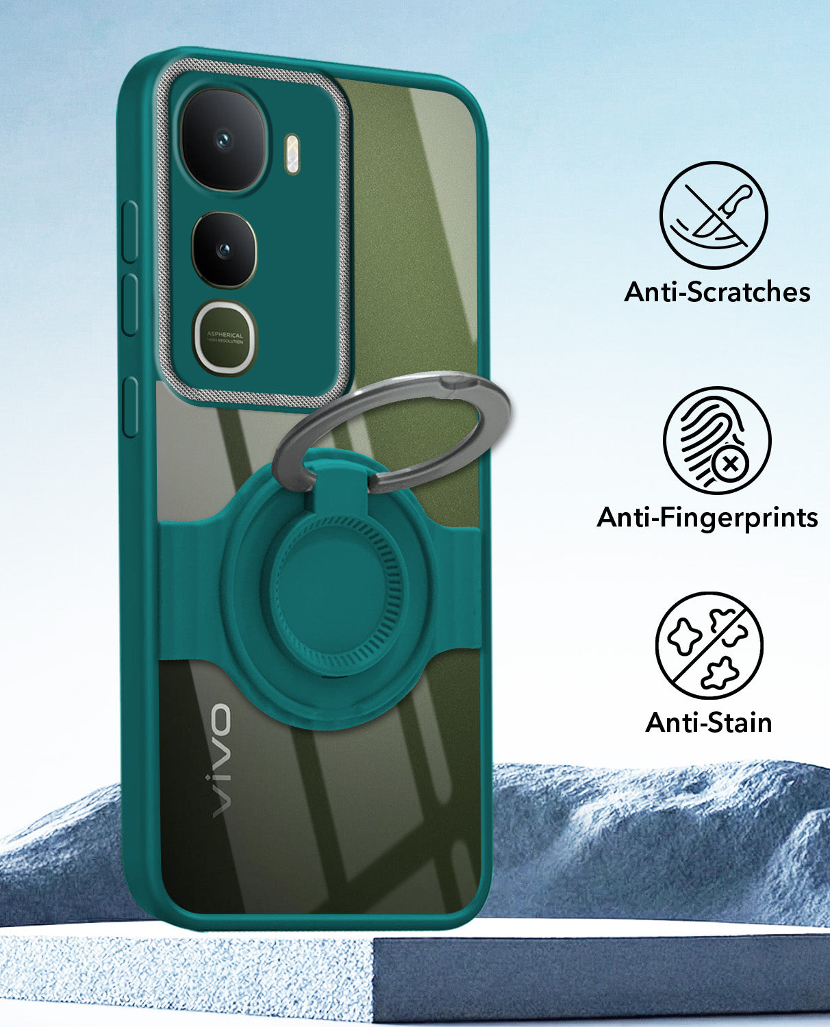 For Vivo Y400 Back Cover Case with stand (Built-in Ring Holder Kickstand | Lifetime Anti Yellow | Camera Protection)