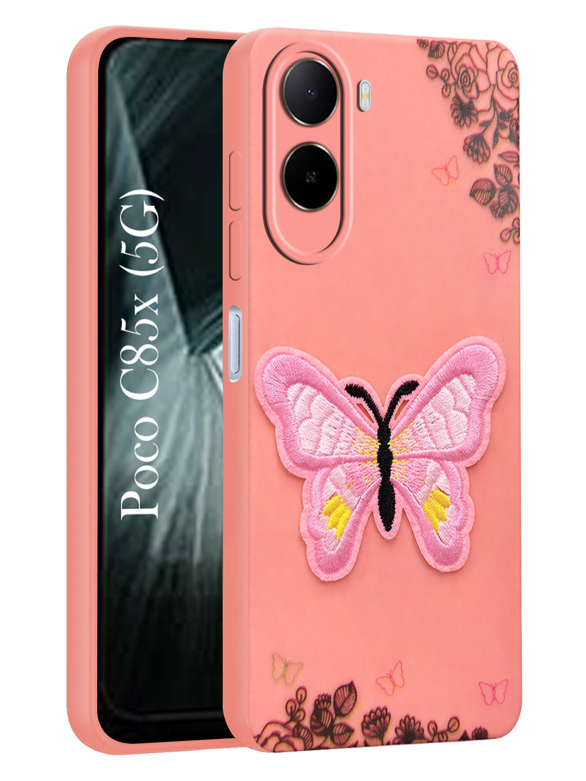 For Poco C85x 5G Back Cover Case (Soft Butterfly Embroidery | Women Teen Girls | Camera Protection| Matte Silicone)
