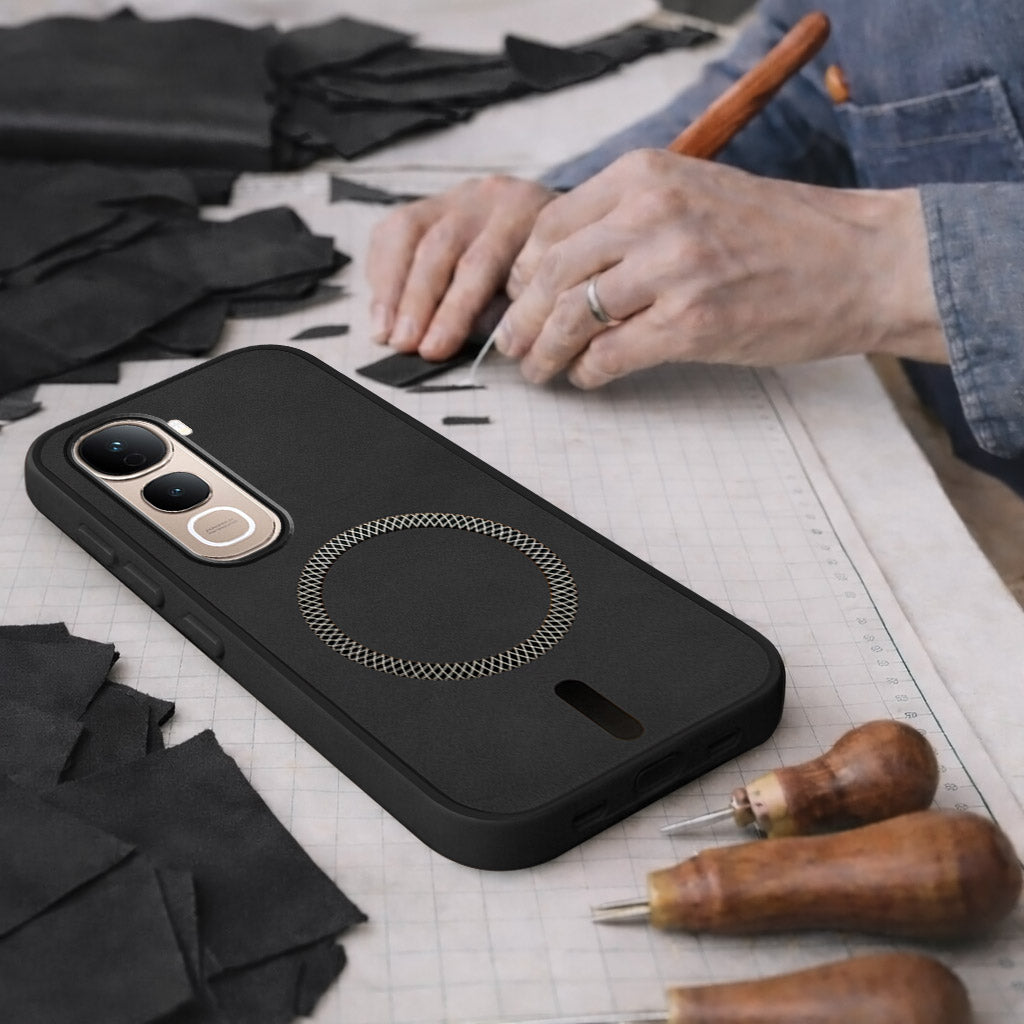 For Vivo Y400 Pro Back Cover Case Leather Finish (MagSafe Compatible Wireless Charging | Soft Touch | Camera Bump Protection)