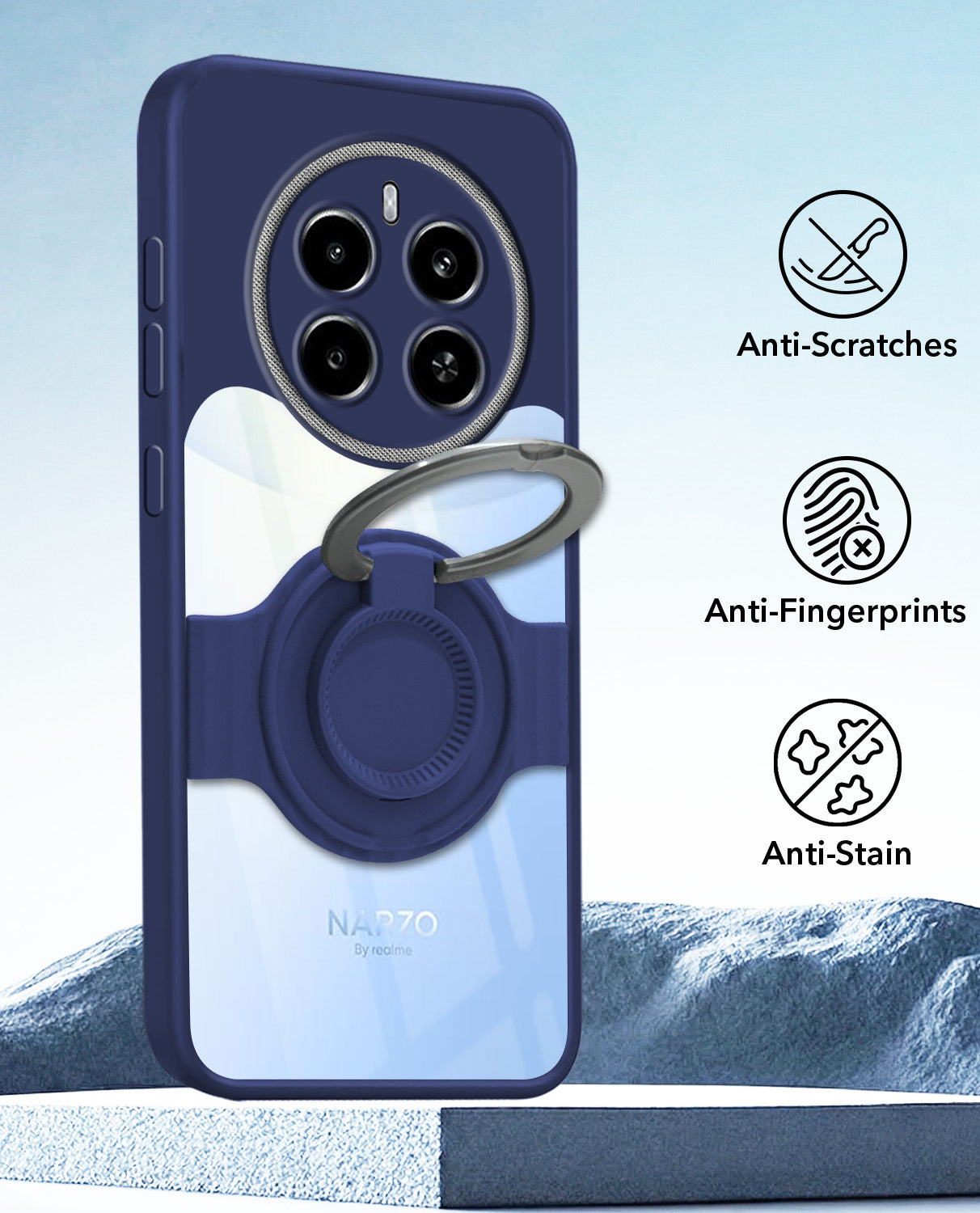 For Realme Narzo 70 5G Back Cover Case with stand (Built-in Ring Holder Kickstand | Lifetime Anti Yellow | Camera Protection)