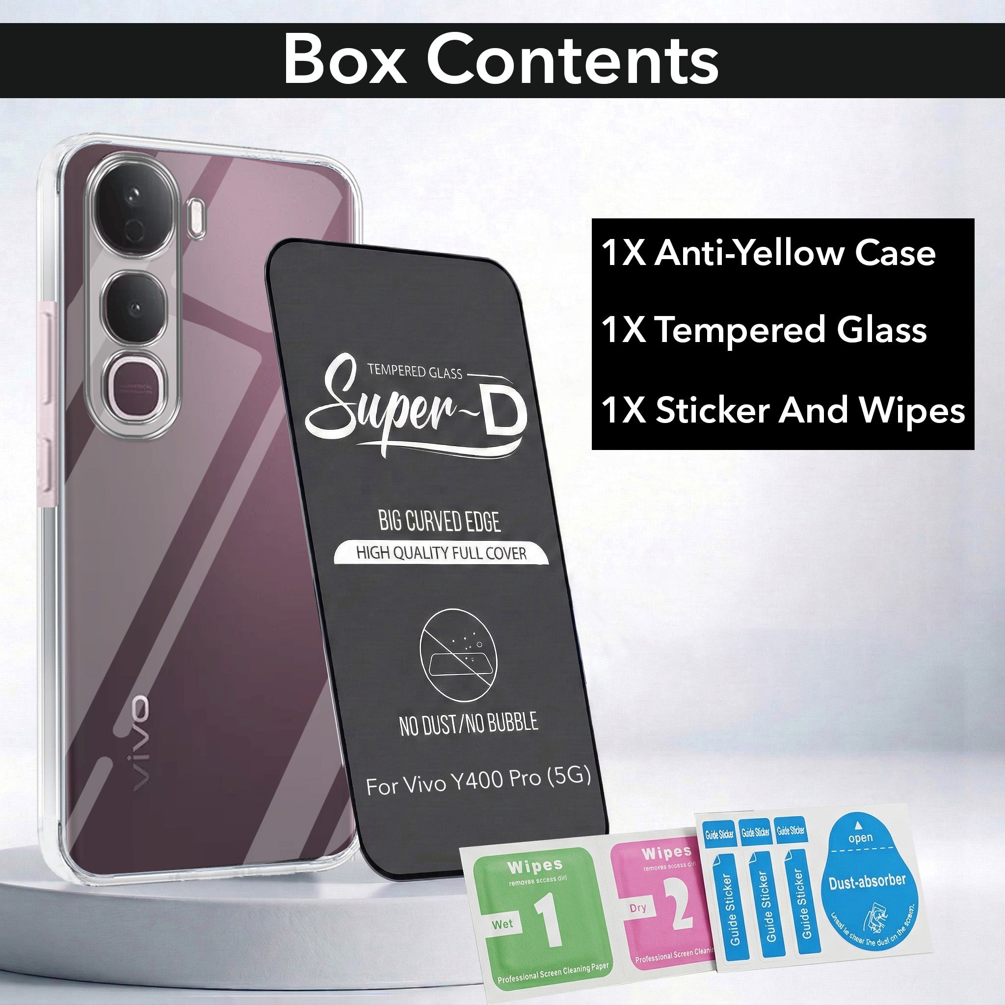 For Vivo Y400 Pro Combo with Back Cover and 9H Tempered Glass (Lifetime Anti-Yellow | Sleek Hard Crystal | Oleophobic Coating Screen Glass)