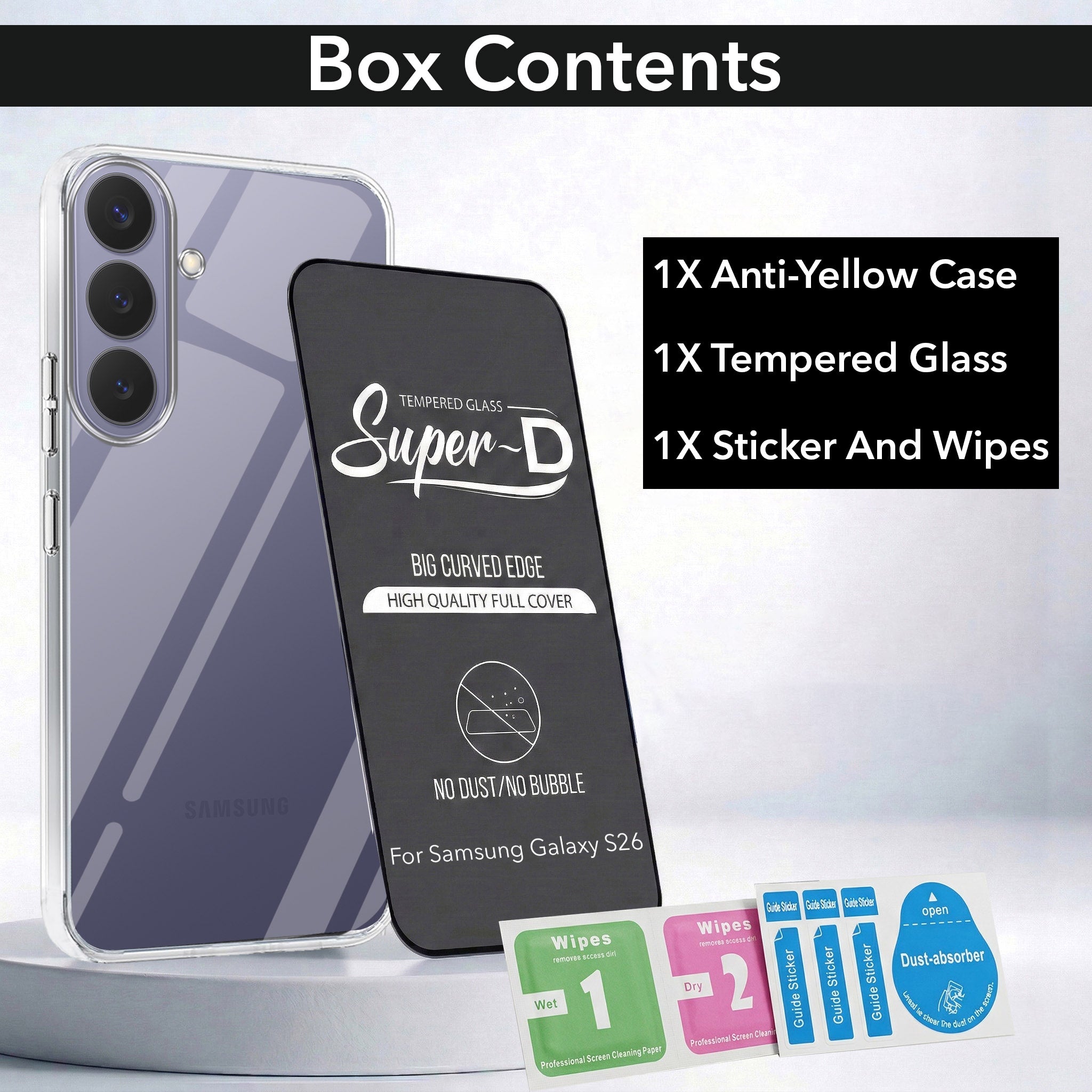 For Samsung Galaxy S26 Combo with Back Cover and 9H Tempered Glass (Lifetime Anti-Yellow | Sleek Hard Crystal | Oleophobic Coating Screen Glass)