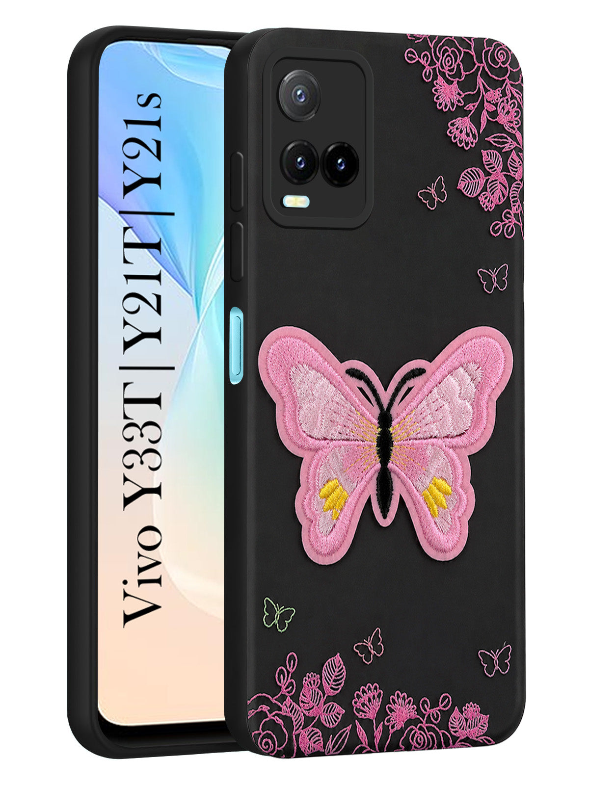 For Vivo Y33T | Vivo Y21T | Vivo Y21s Back Cover Case (Soft Butterfly Embroidery | Women Teen Girls | Camera Protection| Matte Silicone)