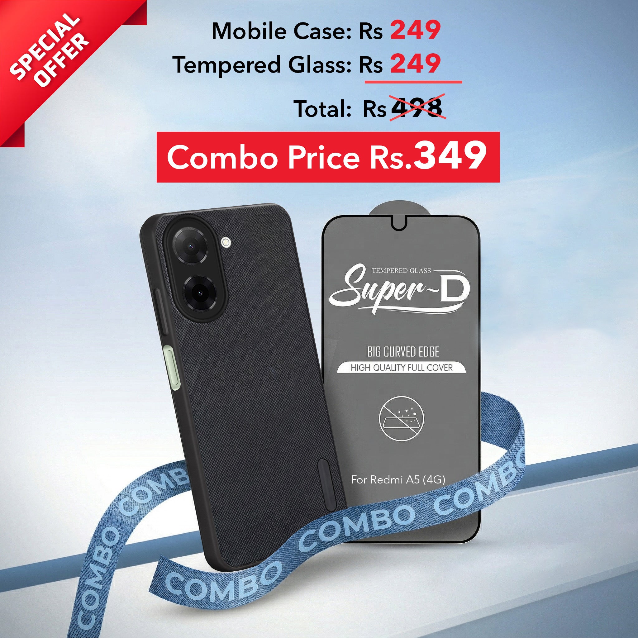 For Redmi A5 4G Combo with Back Cover and 9H Tempered Glass (Textured Grip Design | Micro-Fiber Cloth Inside | Oleophobic Coating Screen Glass)