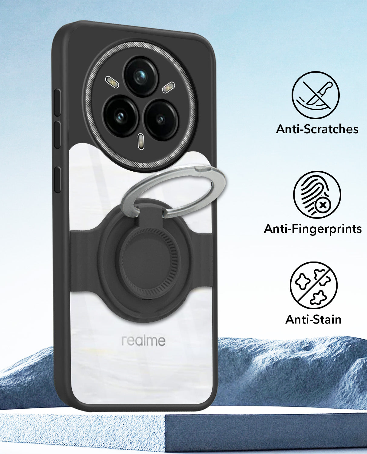 For Realme 14 Pro Plus 5G Back Cover Case with stand (Built-in Ring Holder Kickstand | Lifetime Anti Yellow | Camera Protection)
