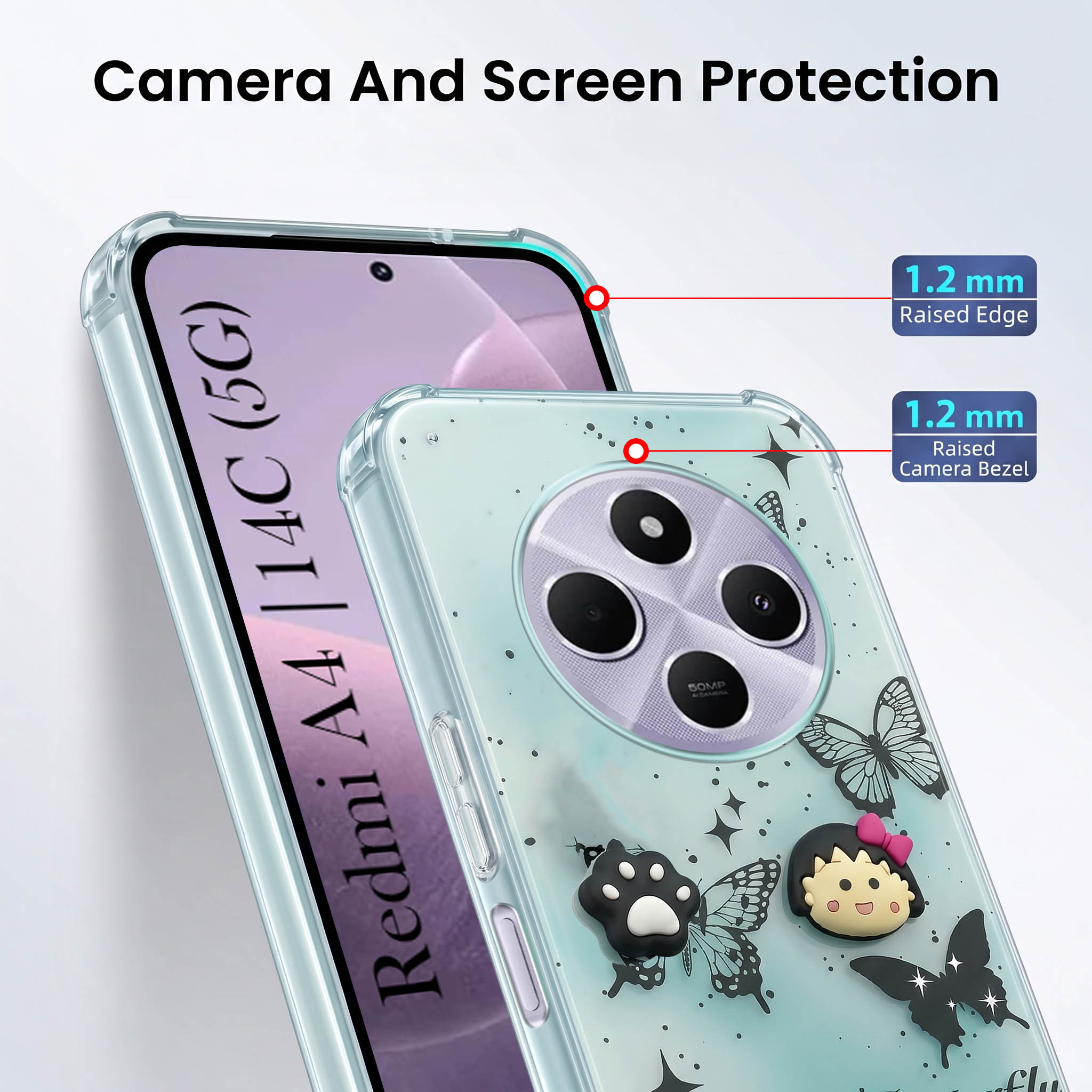 For Redmi A4 5G | Xiaomi Redmi 14C Back Cover Case (3D Cute Cartoons | Hard Back Side Soft | Matte Premium Finish | HD Printing)