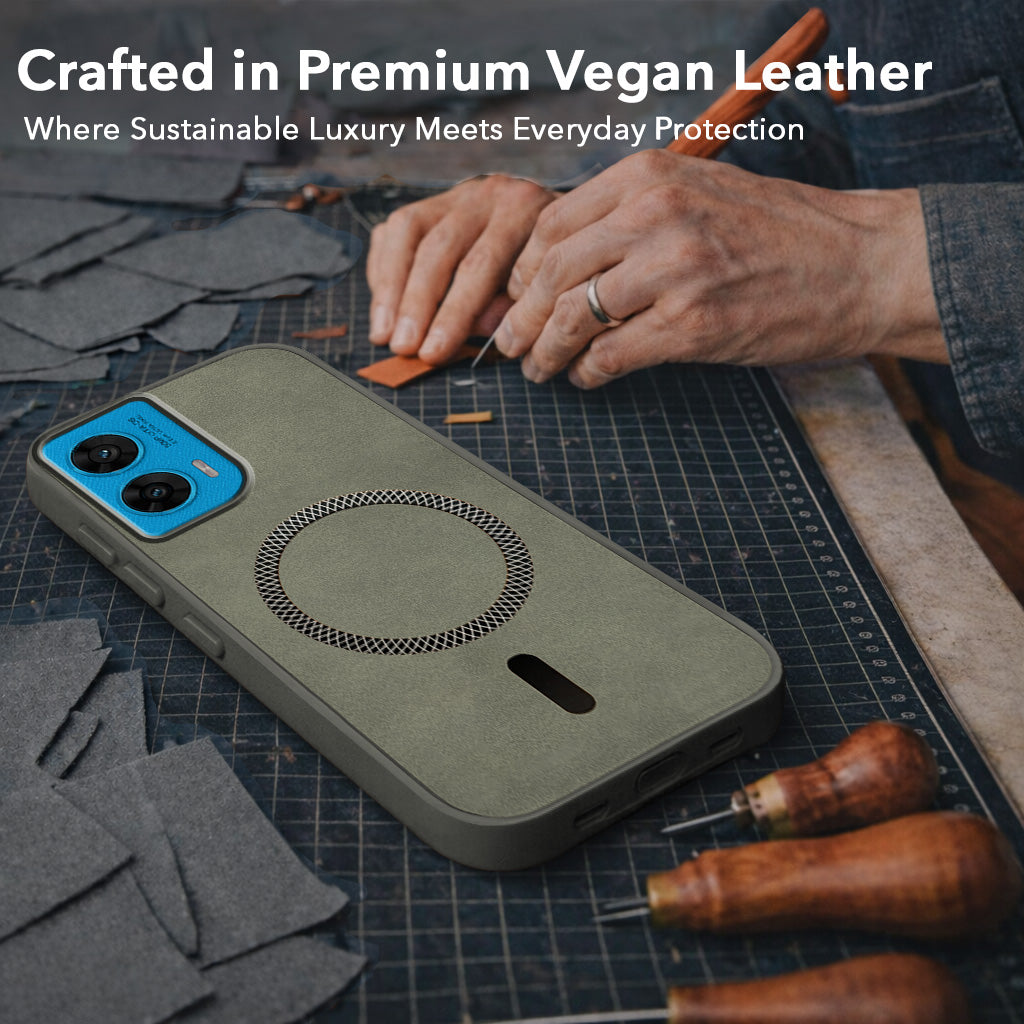 For Motorola Moto G96 Back Cover Case Leather Finish (MagSafe Compatible Wireless Charging | Soft Touch | Camera Bump Protection)