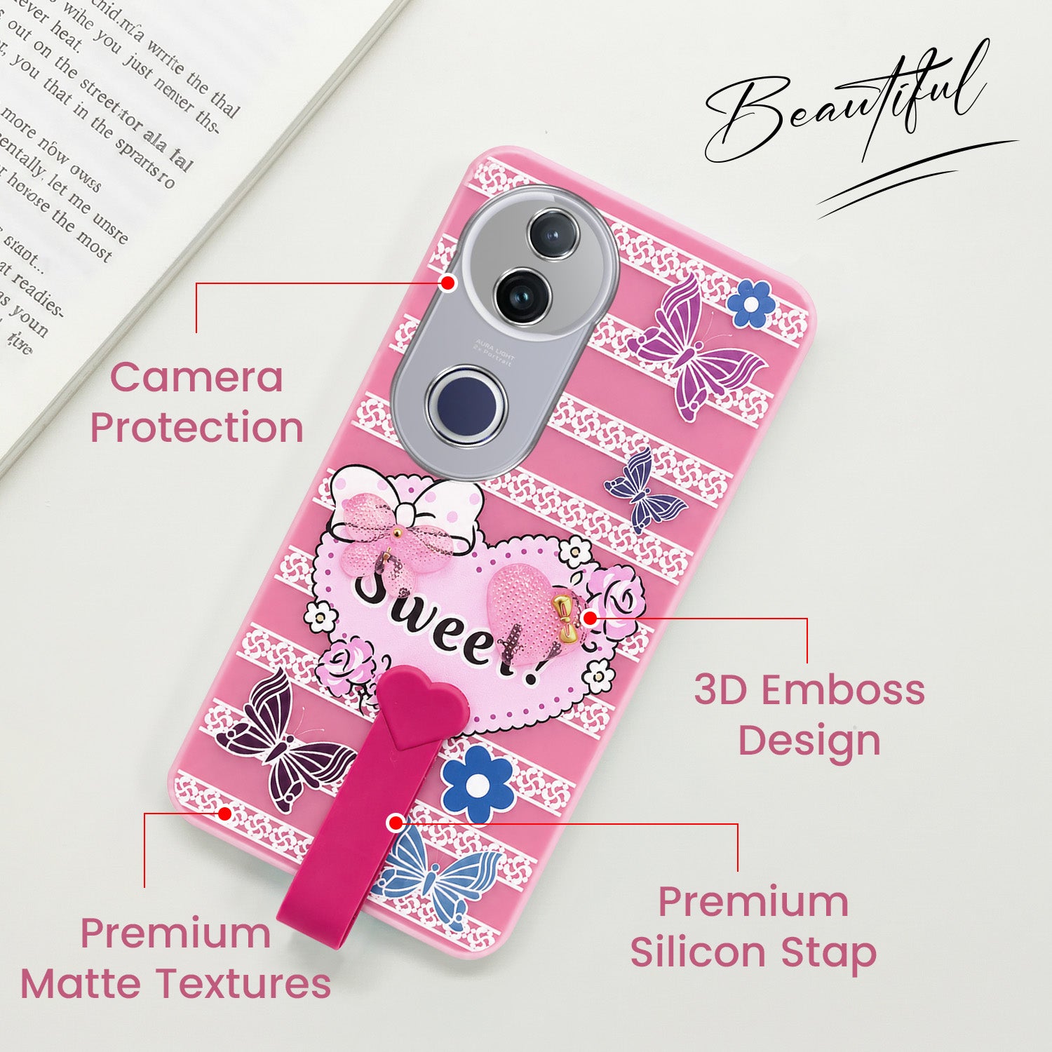 For Vivo T4R  Back Cover Case (3D Cute Heart Strap Holder | Camera Protection | Designer Girls Print)