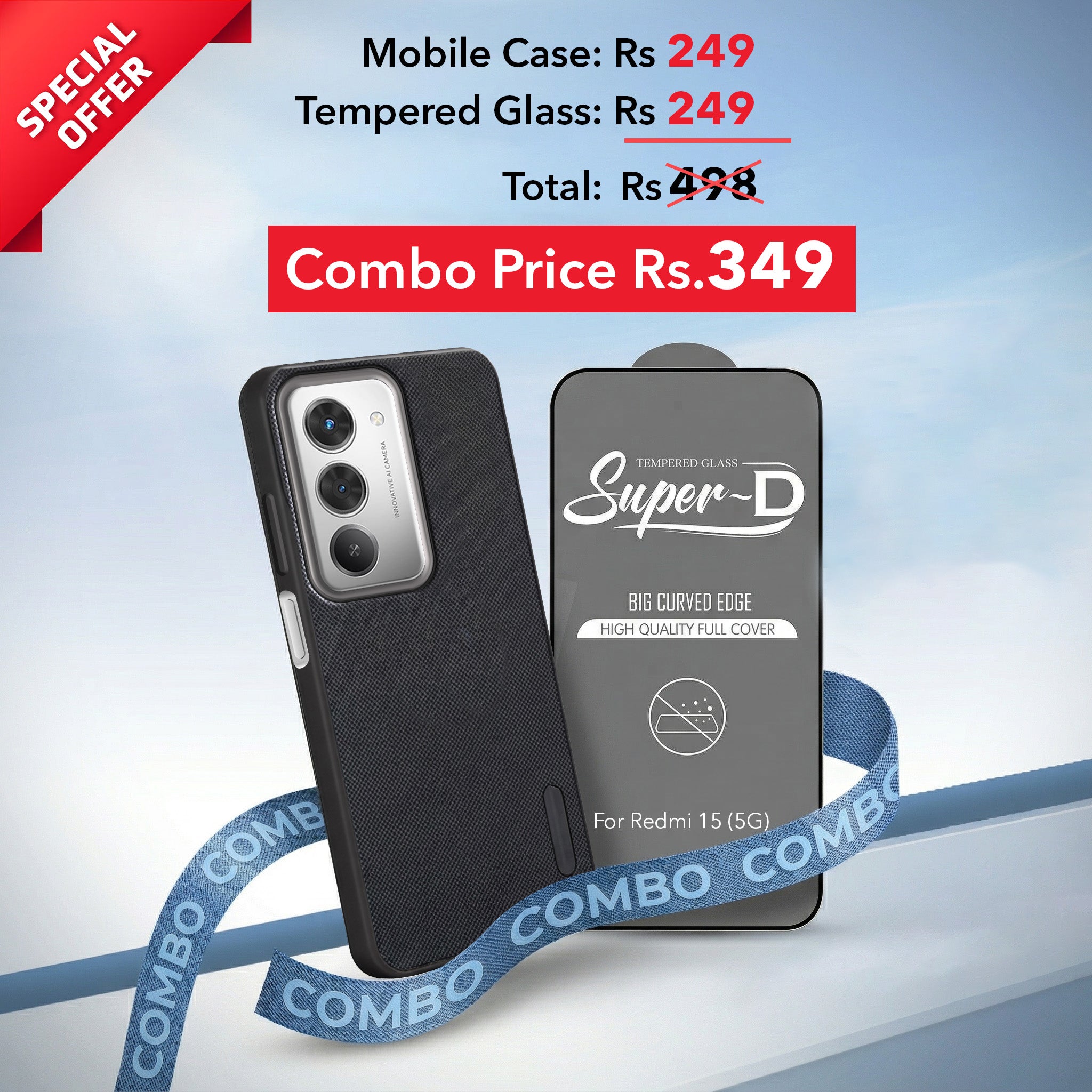 For Redmi 15 Combo with Back Cover and 9H Tempered Glass (Textured Grip Design | Micro-Fiber Cloth Inside | Oleophobic Coating Screen Glass)