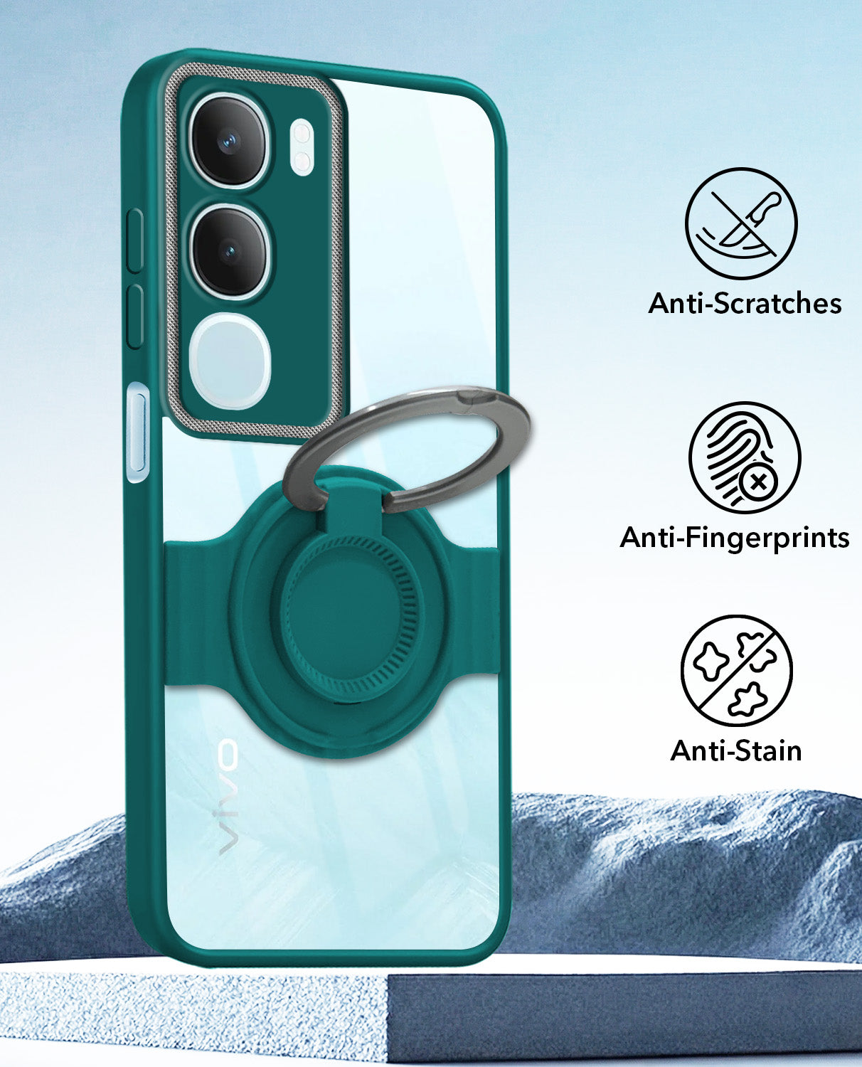 For Vivo Y29 Back Cover Case with stand (Built-in Ring Holder Kickstand | Lifetime Anti Yellow | Camera Protection)