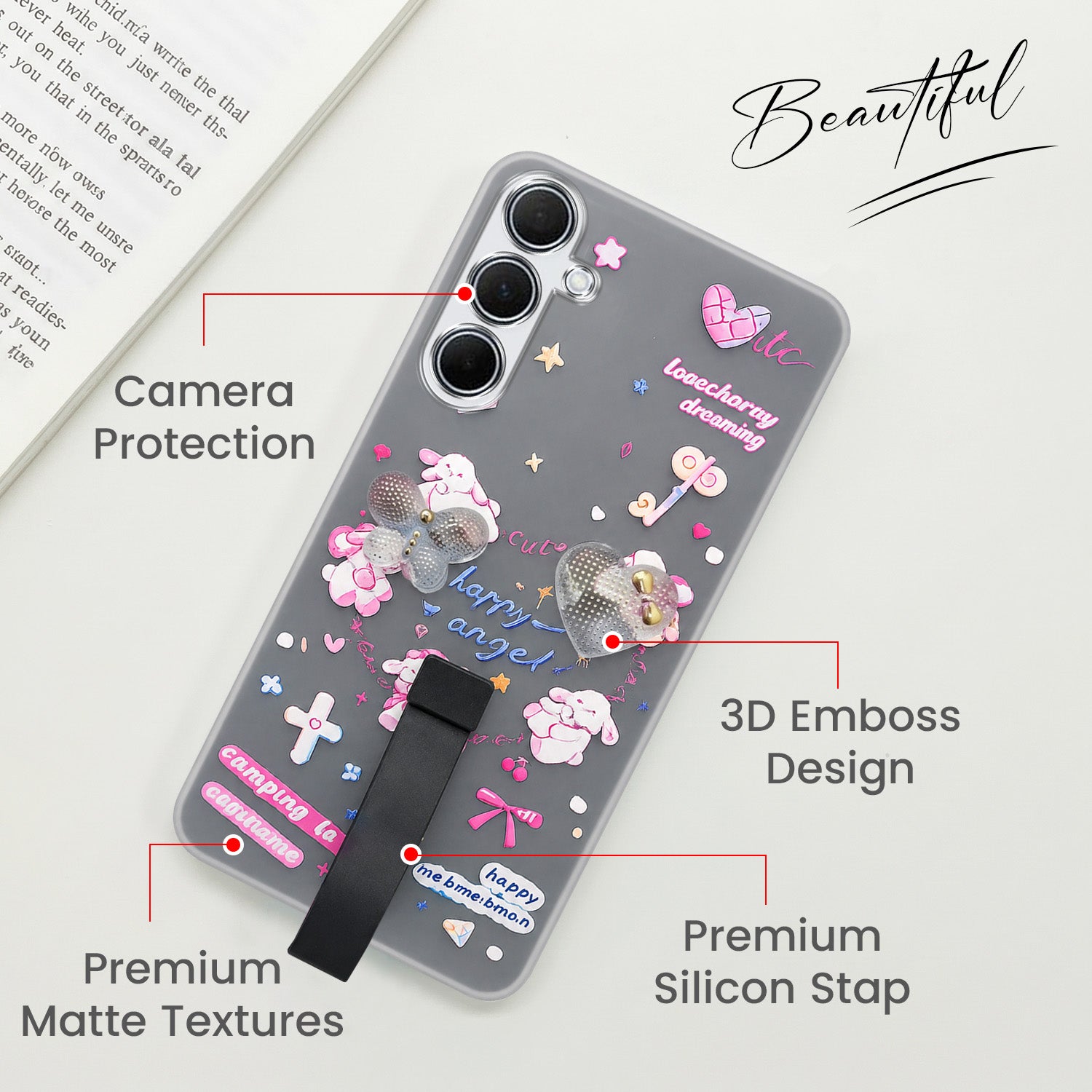 For Samsung Galaxy A35 5G Back Cover Case (3D Cute Heart Strap Holder | Camera Protection | Designer Girls Print)