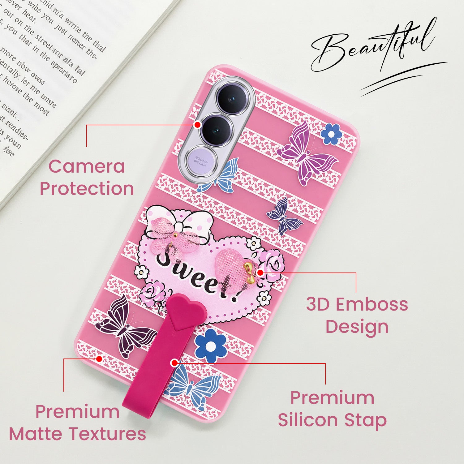 For Vivo V70 FE 5G Back Cover Case (3D Cute Heart Strap Holder | Camera Protection | Designer Girls Print)