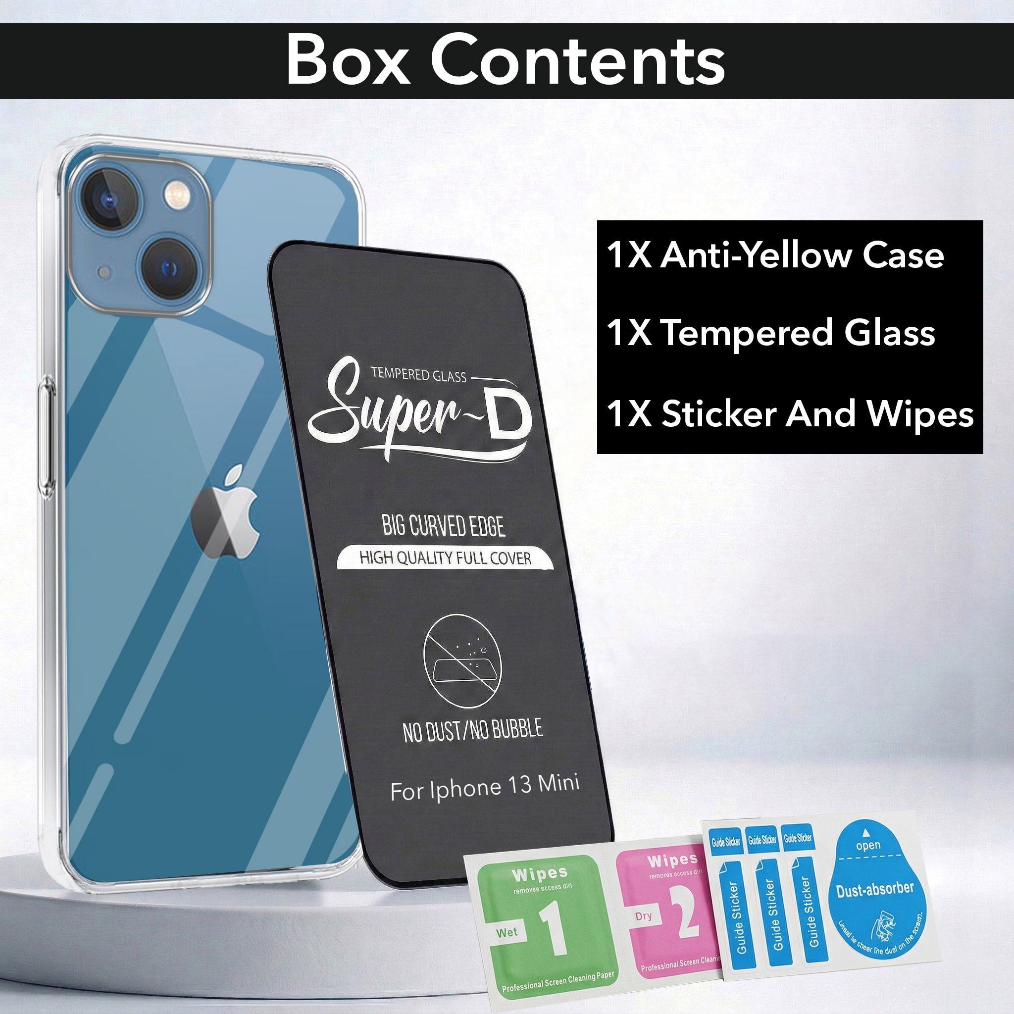 For Apple iPhone 13 Mini Combo with Back Cover and 9H Tempered Glass (Lifetime Anti-Yellow | Sleek Hard Crystal | Oleophobic Coating Screen Glass)