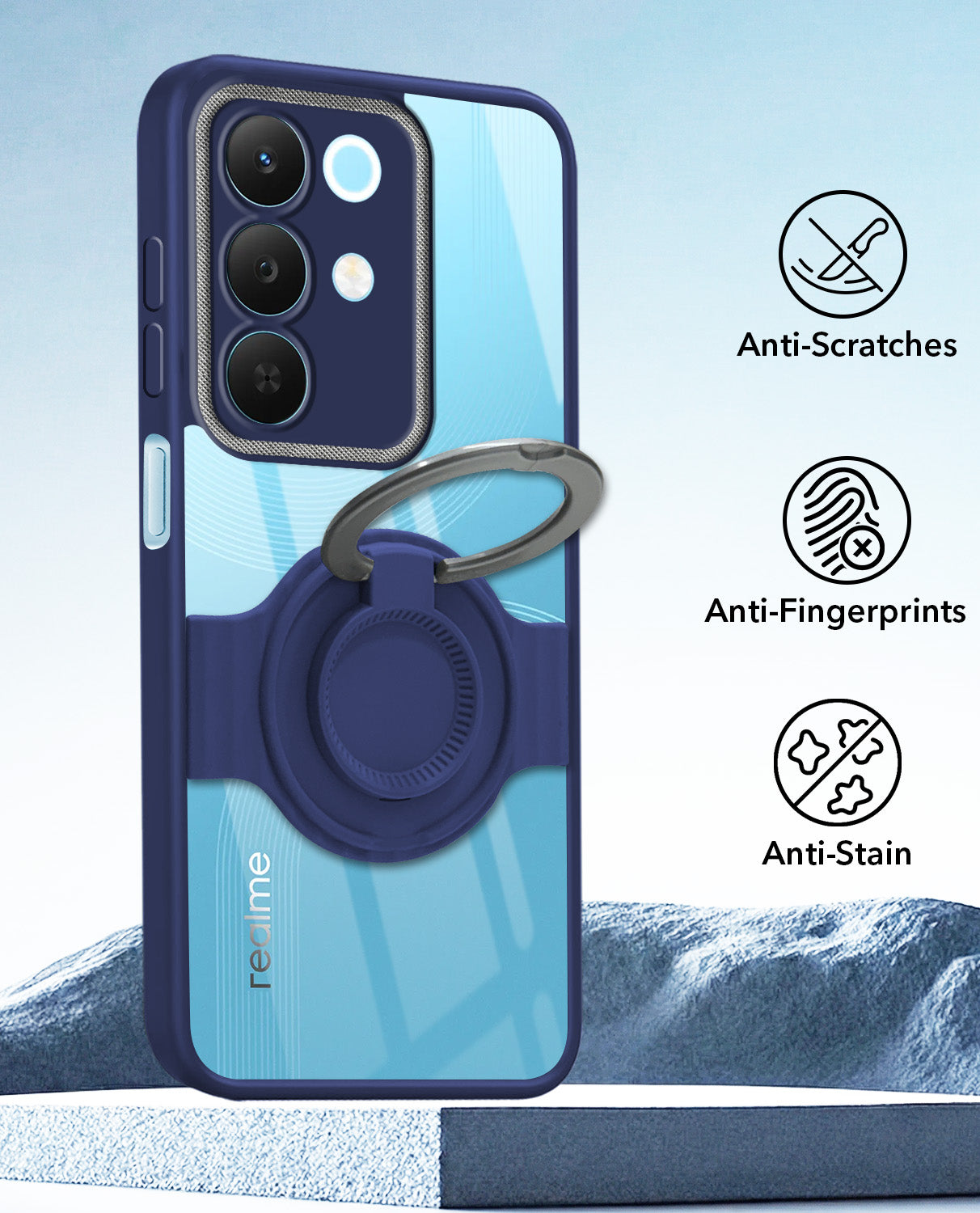 For Realme 15X Back Cover Case with stand (Built-in Ring Holder Kickstand | Lifetime Anti Yellow | Camera Protection)