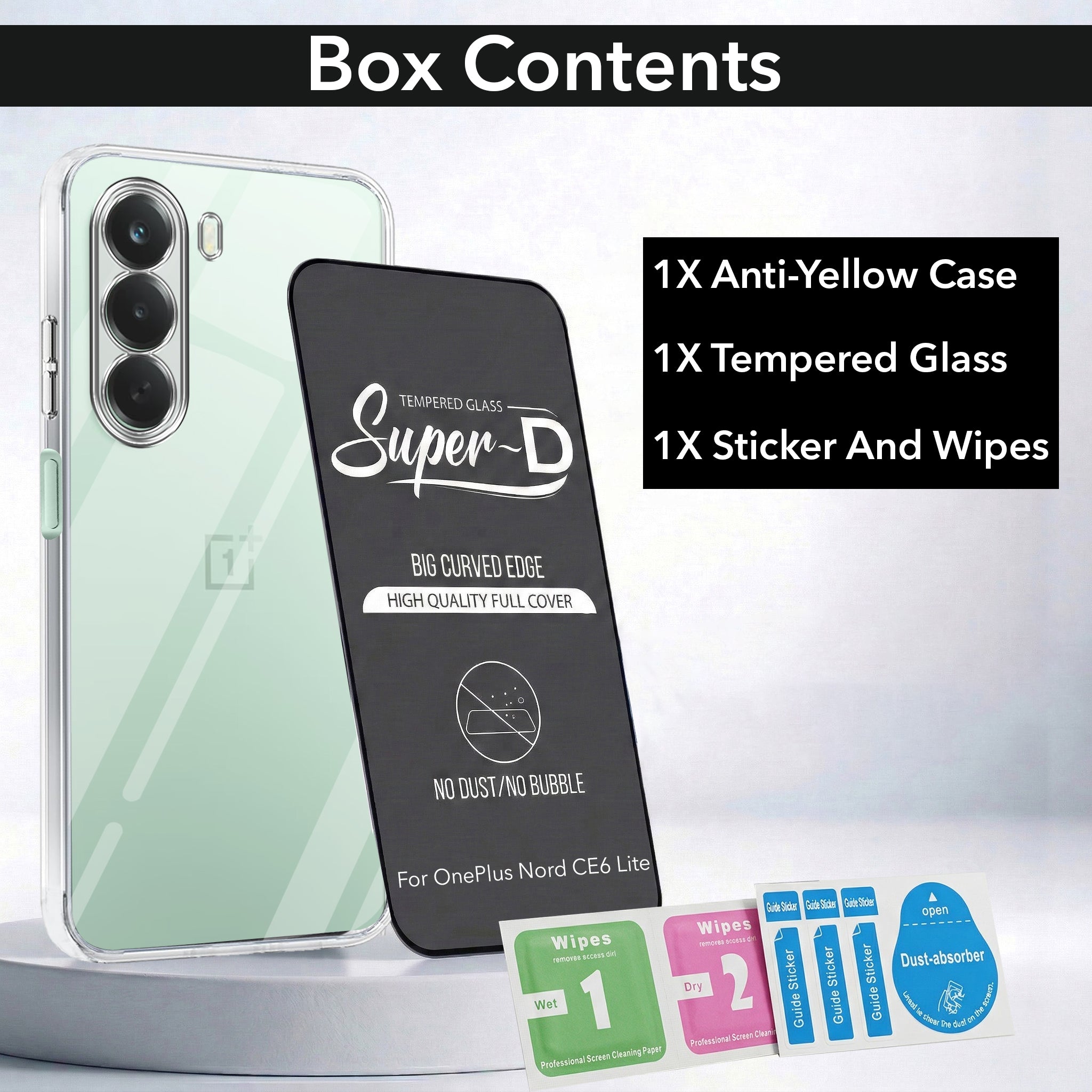 For OnePlus Nord CE 6 Lite Combo with Back Cover and 9H Tempered Glass (Lifetime Anti-Yellow | Sleek Hard Crystal | Oleophobic Coating Screen Glass)