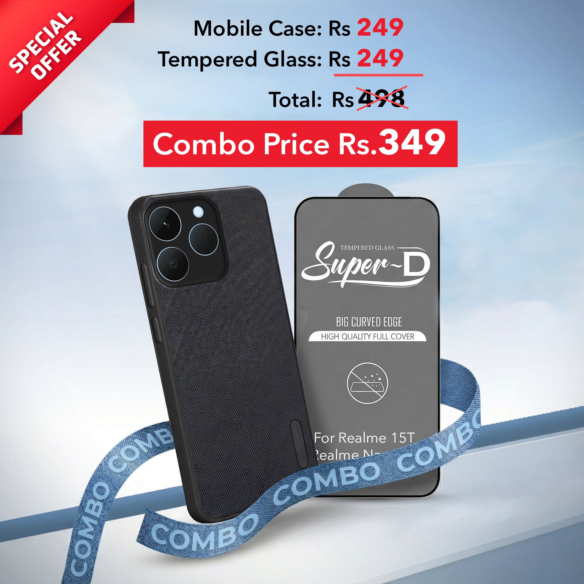 For Realme 15T | Realme Narzo 90 Combo with Back Cover and 9H Tempered Glass (Textured Grip Design | Micro-Fiber Cloth Inside | Oleophobic Coating Screen Glass)
