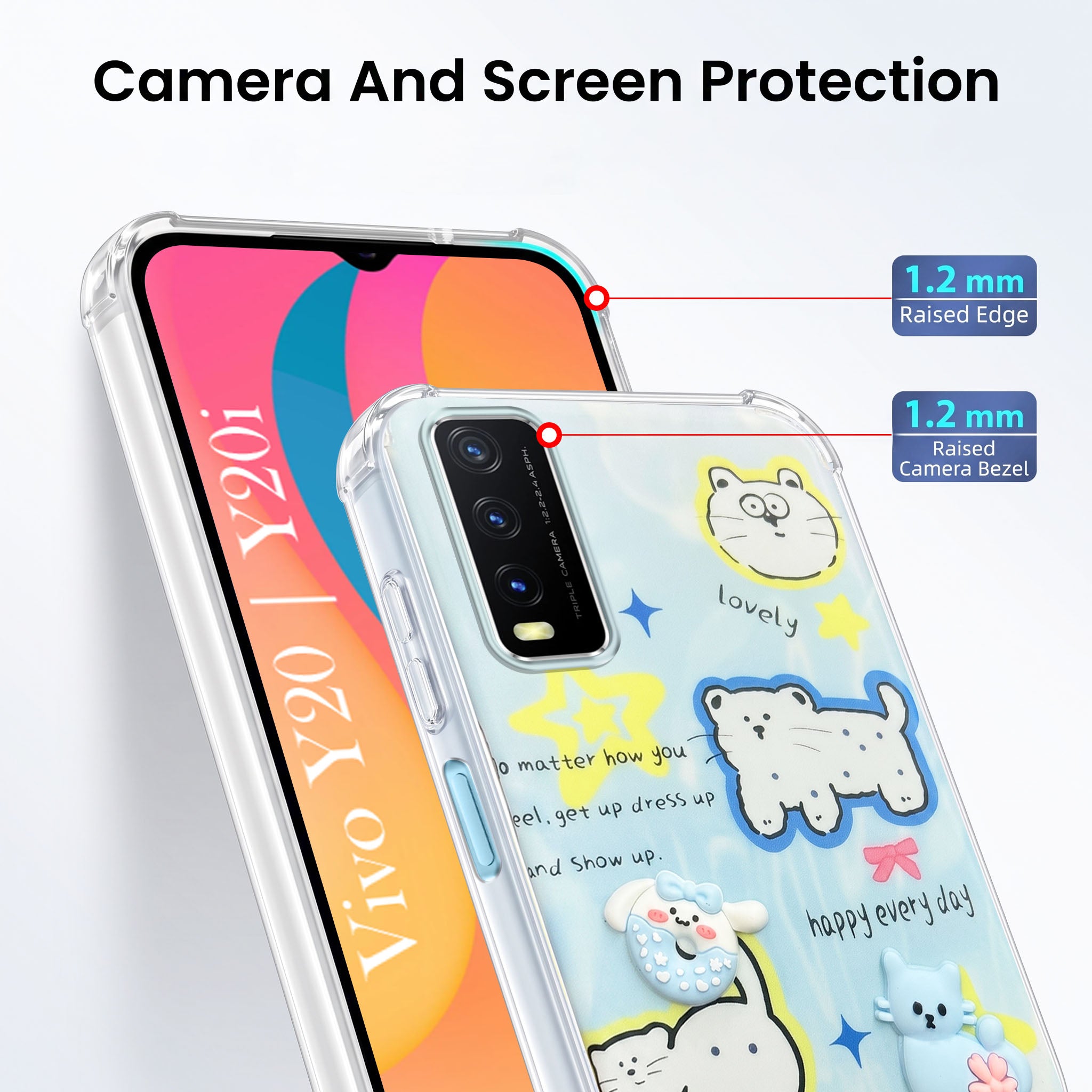 For Vivo Y20 | Y20i Back Cover Case (3D Cute Cartoons | Hard Back Side Soft | Matte Premium Finish | HD Printing)