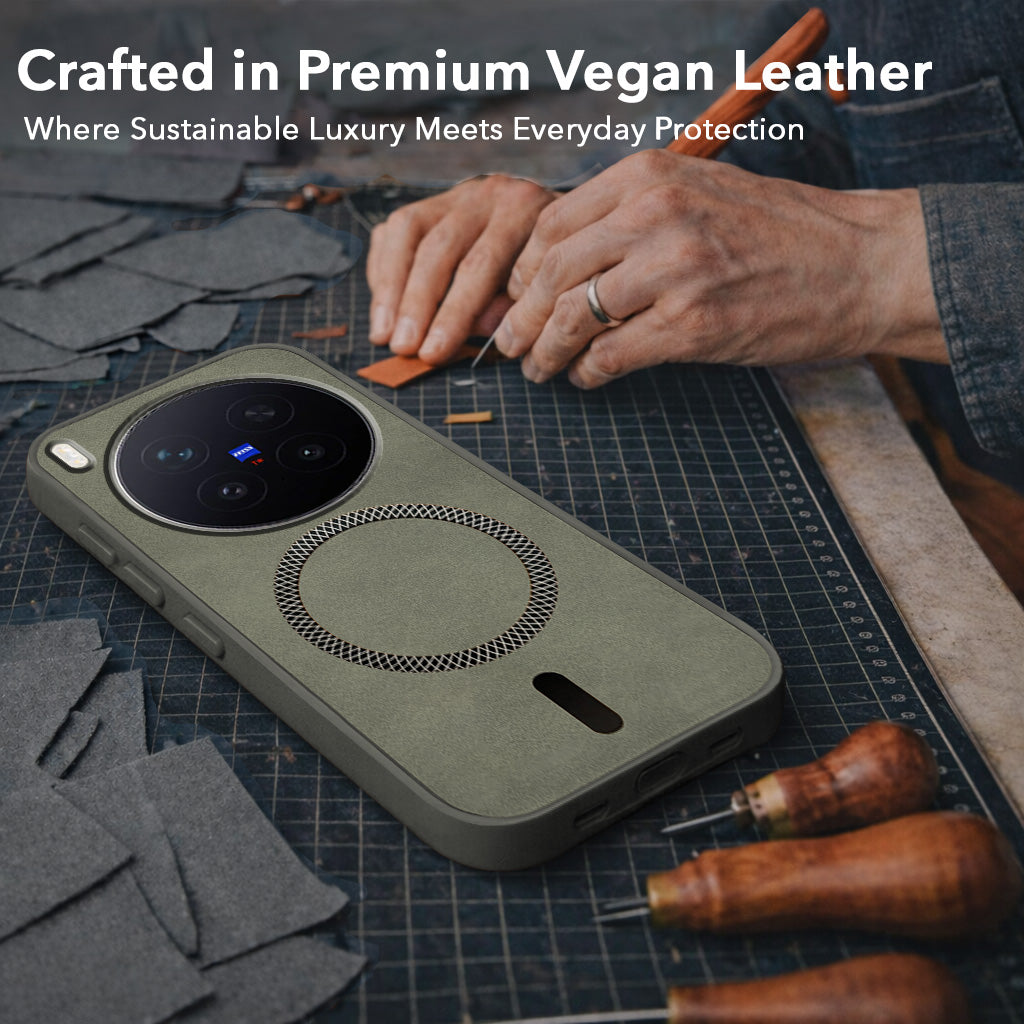 For Vivo X300 Pro Back Cover Case Leather Finish (MagSafe Compatible Wireless Charging | Soft Touch | Camera Bump Protection)