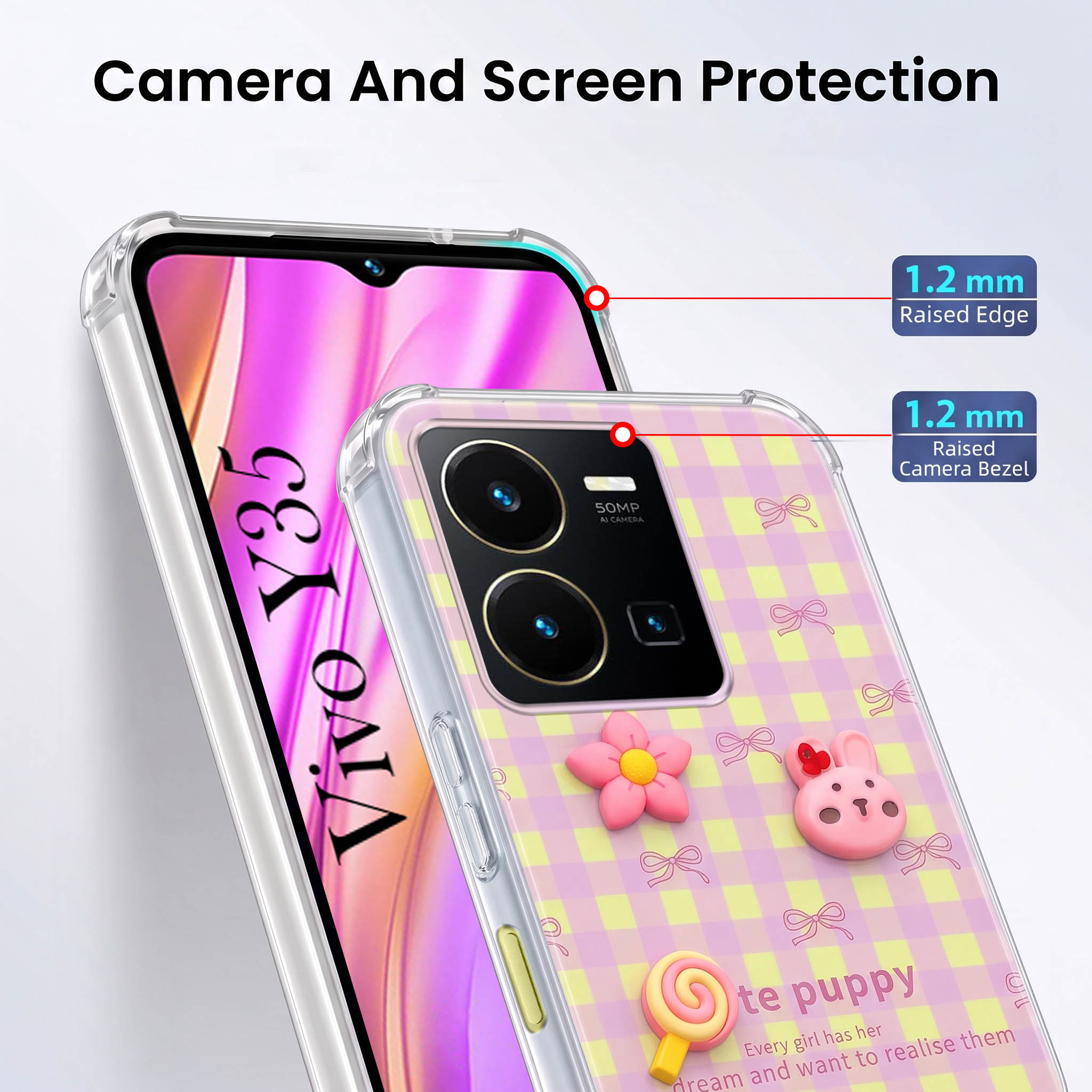 For Vivo Y35 Back Cover Case (3D Cute Cartoons | Hard Back Side Soft | Matte Premium Finish | HD Printing)