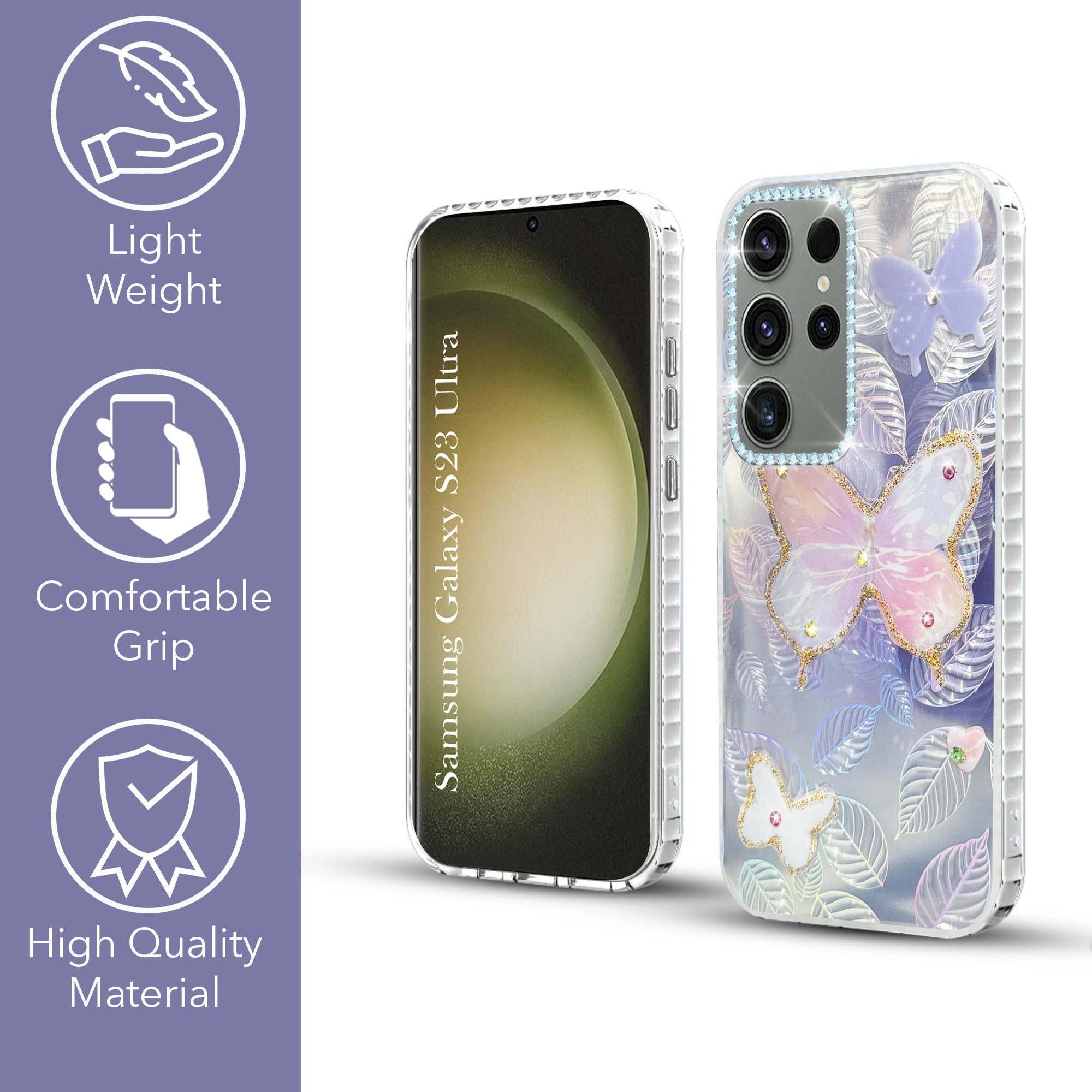 For Samsung Galaxy S23 Ultra Back Cover Case (Luxury Floral Glitter Cute Butterfly | Diamond Studded Camera Bump | Girls & Women Design)