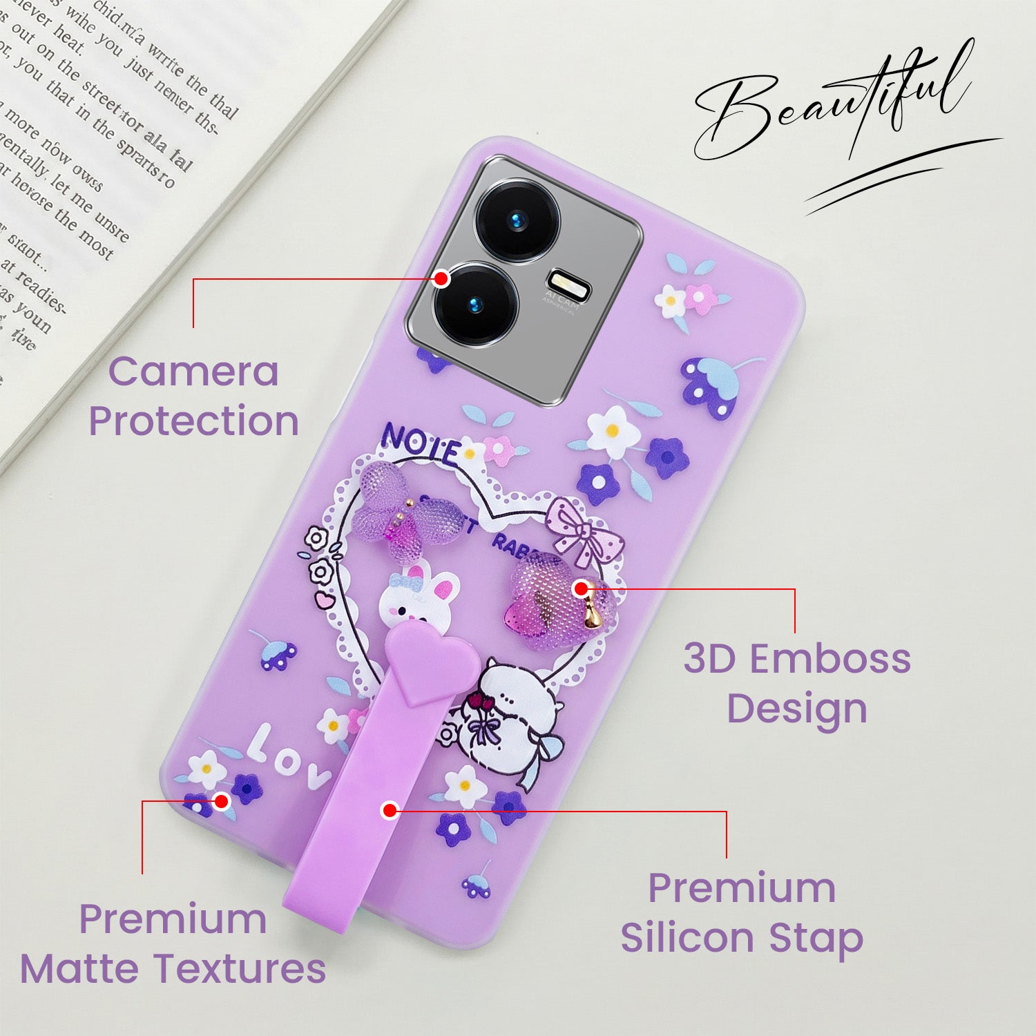 For Vivo Y22 | Vivo Y22s Back Cover Case (3D Cute Heart Strap Holder | Camera Protection | Designer Girls Print)
