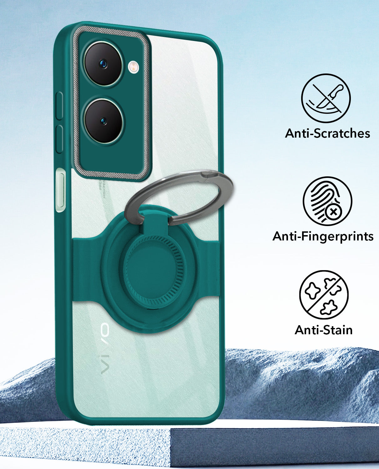 For Vivo Y18 | Y18e | Y03 | Y18i | Y18t Back Cover Case with stand (Built-in Ring Holder Kickstand | Lifetime Anti Yellow | Camera Protection)
