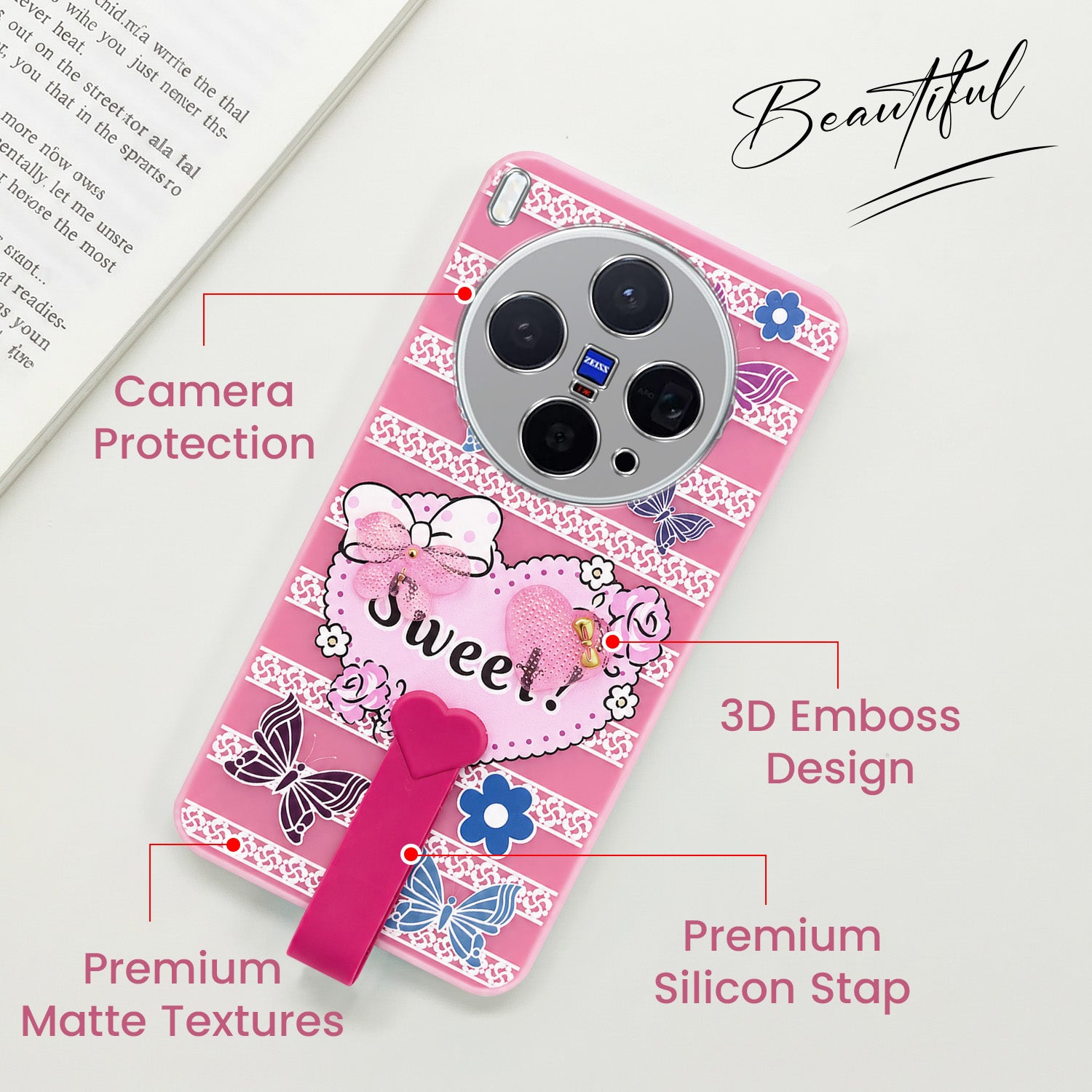 For Vivo X300 5G Back Cover Case (3D Cute Heart Strap Holder | Camera Protection | Designer Girls Print)