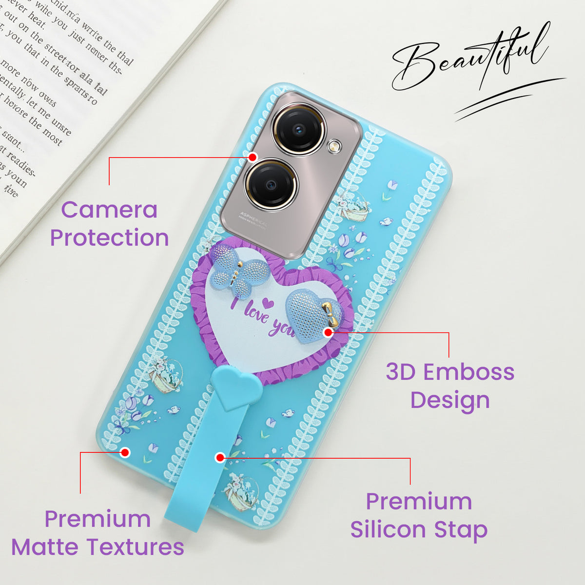 For Vivo Y28s 5G | Vivo T3 Lite 5G Back Cover Case (3D Cute Heart Strap Holder | Camera Protection | Designer Girls Print)