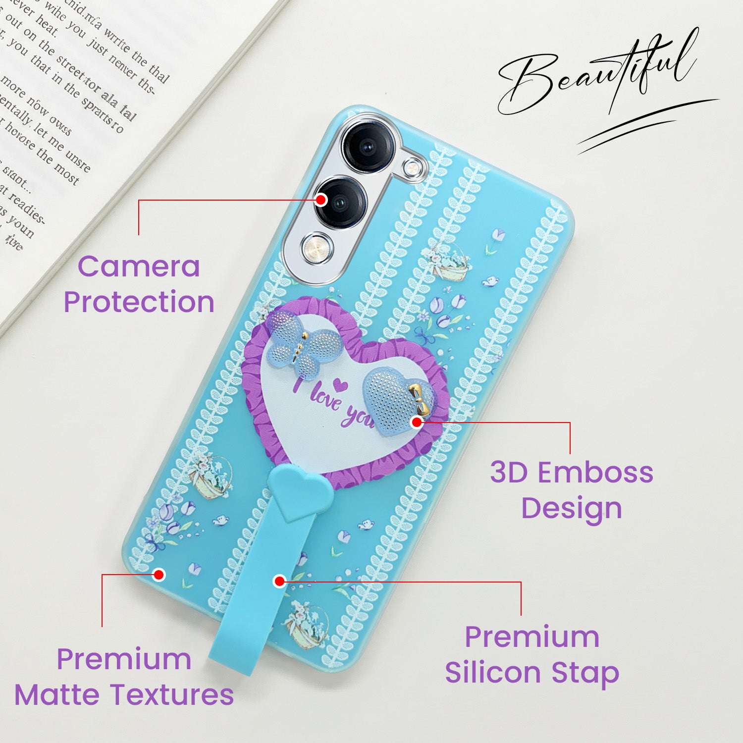 For Vivo iQOO Z10 Lite Back Cover Case (3D Cute Heart Strap Holder | Camera Protection | Designer Girls Print)