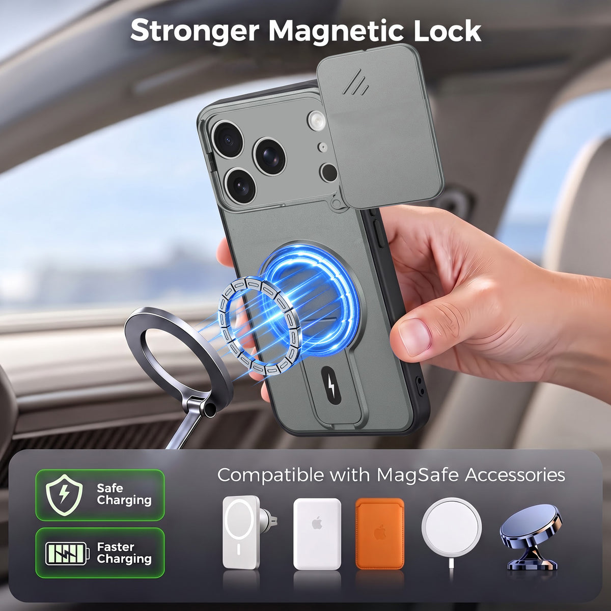 For Apple iPhone 17 Pro Back Case Cover Metallic (Hybrid Armor Kickstand | Sliding Shutter Camera Protection | MagSafe Compatible)