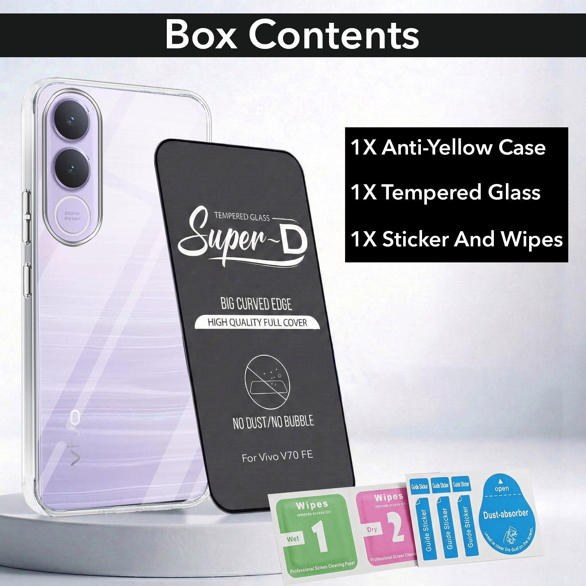 For Vivo V70 FE Combo with Back Cover and 9H Tempered Glass (Lifetime Anti-Yellow | Sleek Hard Crystal | Oleophobic Coating Screen Glass)