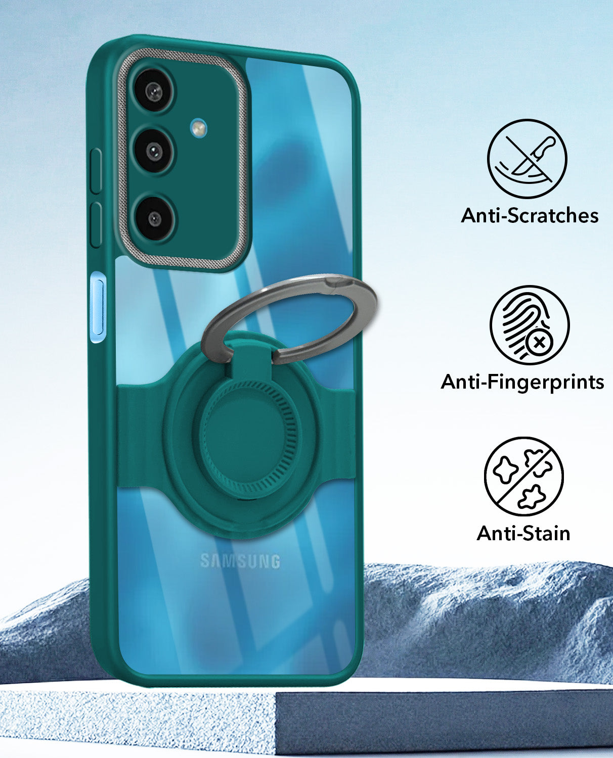 For Samsung Galaxy M16 5G | Samsung Galaxy F16 5G Back Cover Case with stand (Built-in Ring Holder Kickstand | Lifetime Anti Yellow | Camera Protection)
