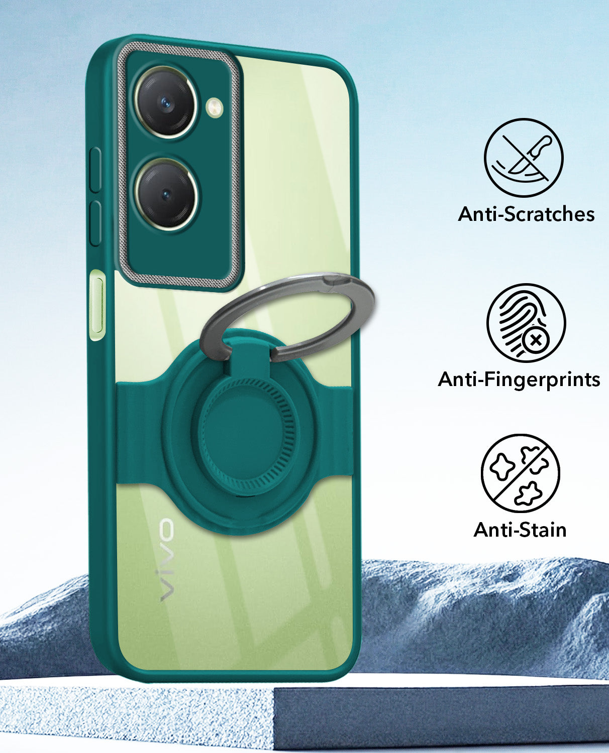 For Vivo T3 Lite 5G | Vivo Y28s 5G Back Cover Case with stand (Built-in Ring Holder Kickstand | Lifetime Anti Yellow | Camera Protection)