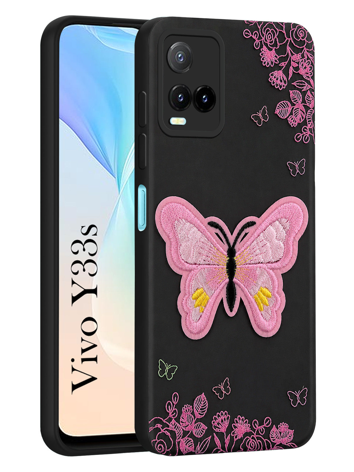 For Vivo Y33s Back Cover Case (Soft Butterfly Embroidery | Women Teen Girls | Camera Protection| Matte Silicone)
