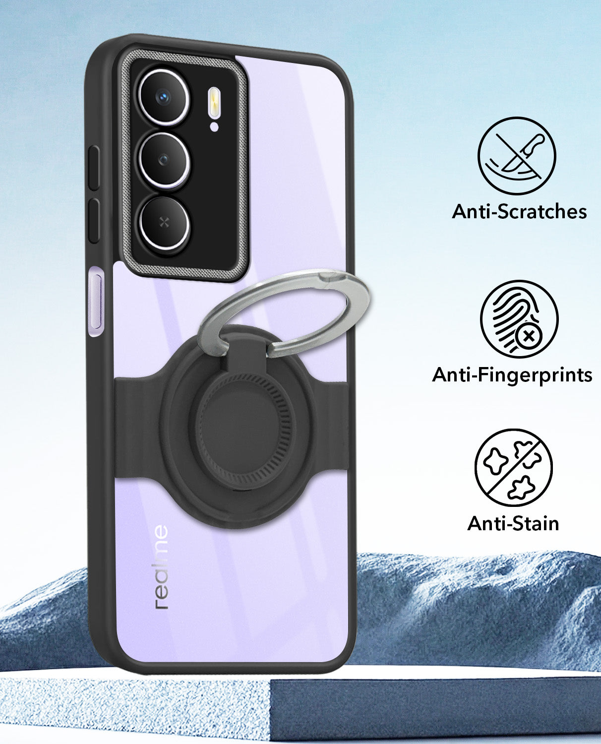 For Realme Narzo 80 Lite 5G Back Cover Case with stand (Built-in Ring Holder Kickstand | Lifetime Anti Yellow | Camera Protection)