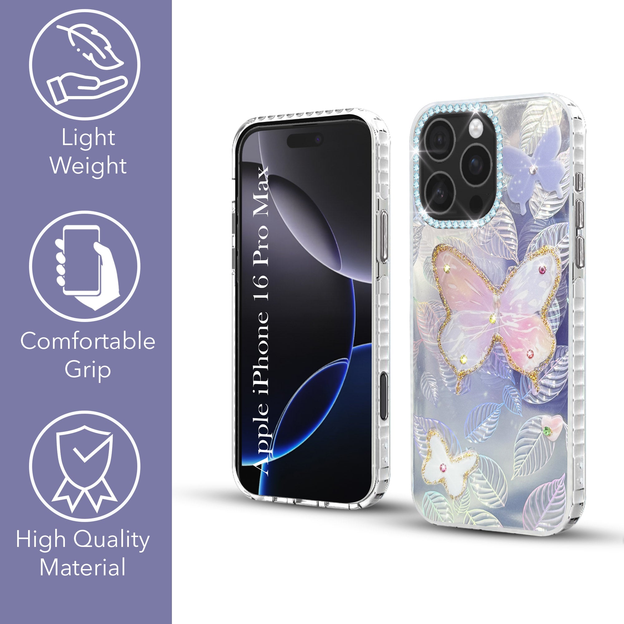 For iPhone 16 Pro Max Back Cover Case (Luxury Floral Glitter Cute Butterfly | Diamond Studded Camera Bump | Girls & Women Design)